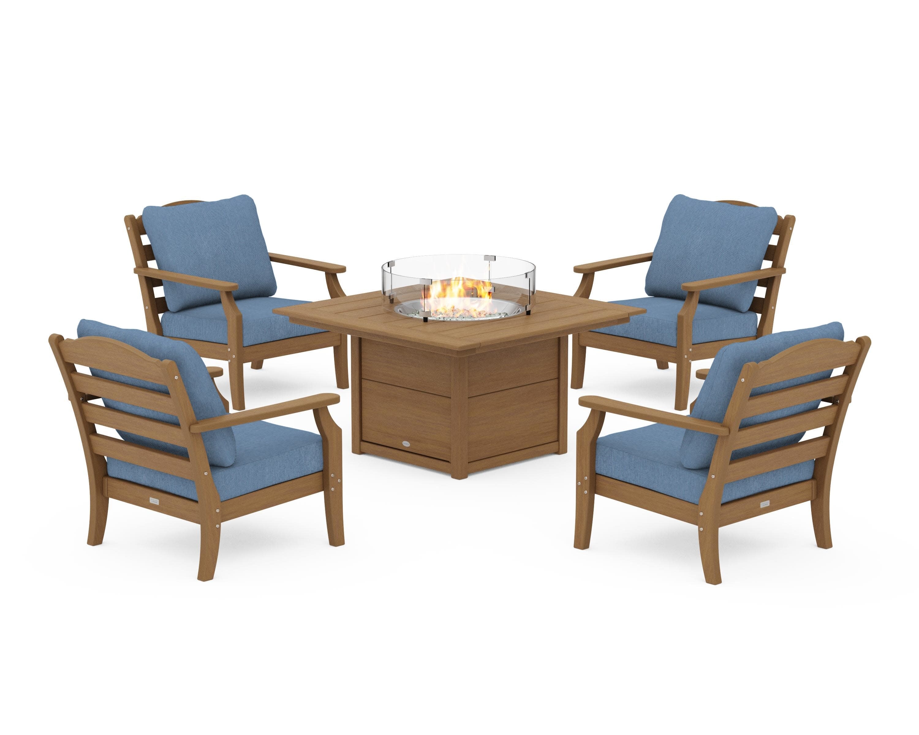 Savannah 5-Piece Deep Seating Set with Fire Pit Table in Natural / Sky Blue