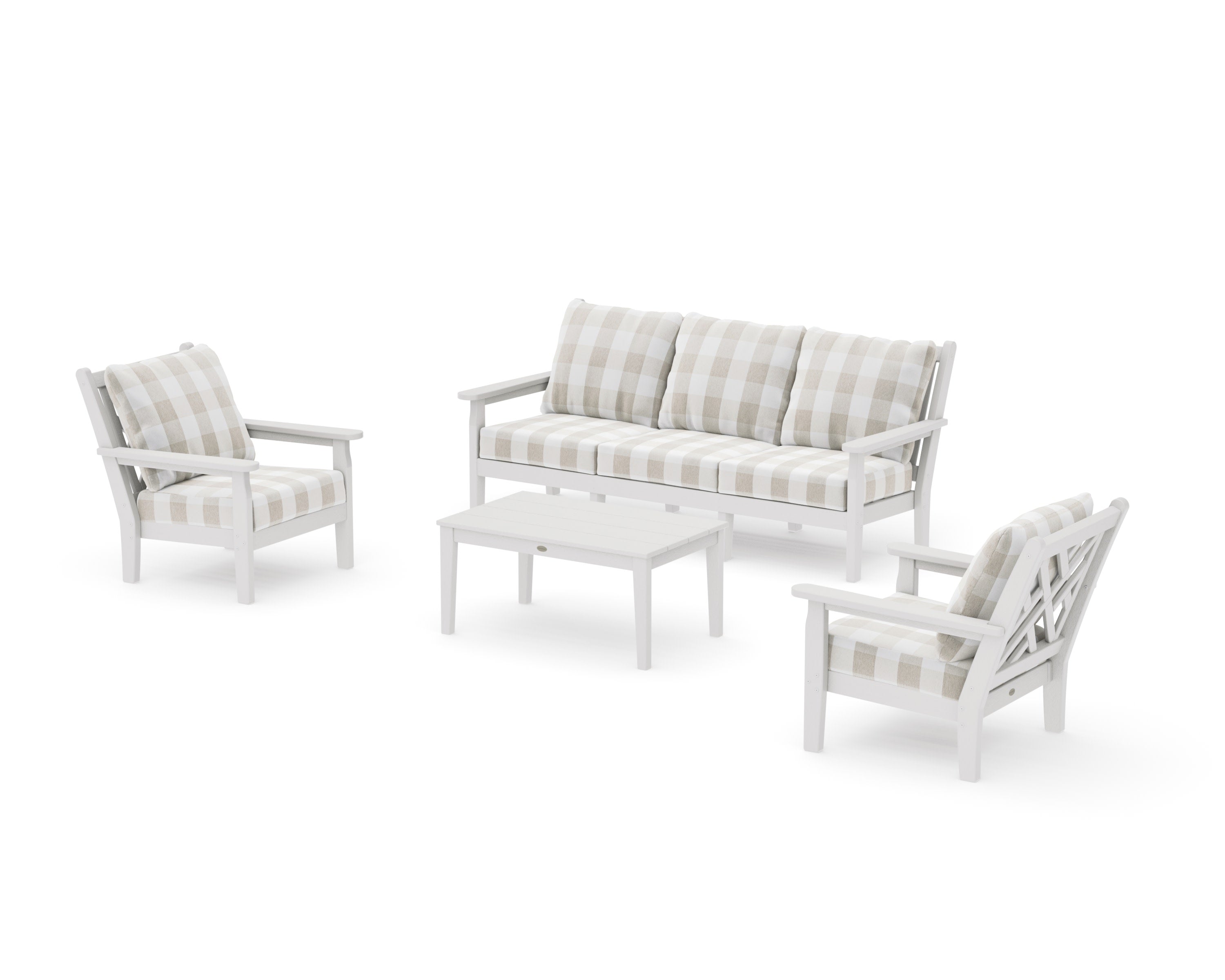 Chippendale 4-Piece Deep Seating Set with Sofa in Vintage White / Buffalo Plaid Dune Burlap