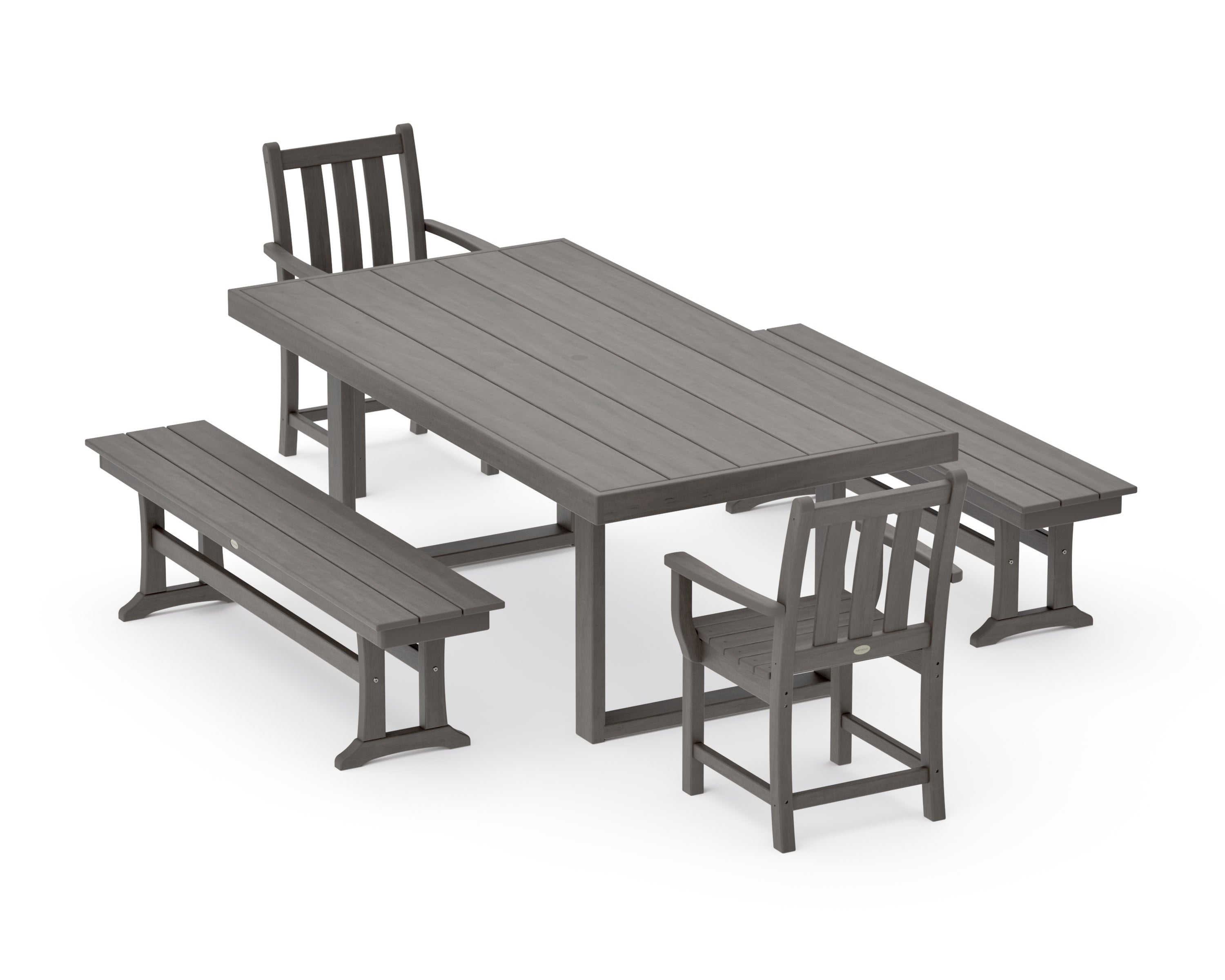 Traditional Garden 5-Piece Dining Set with Benches in Driftwood