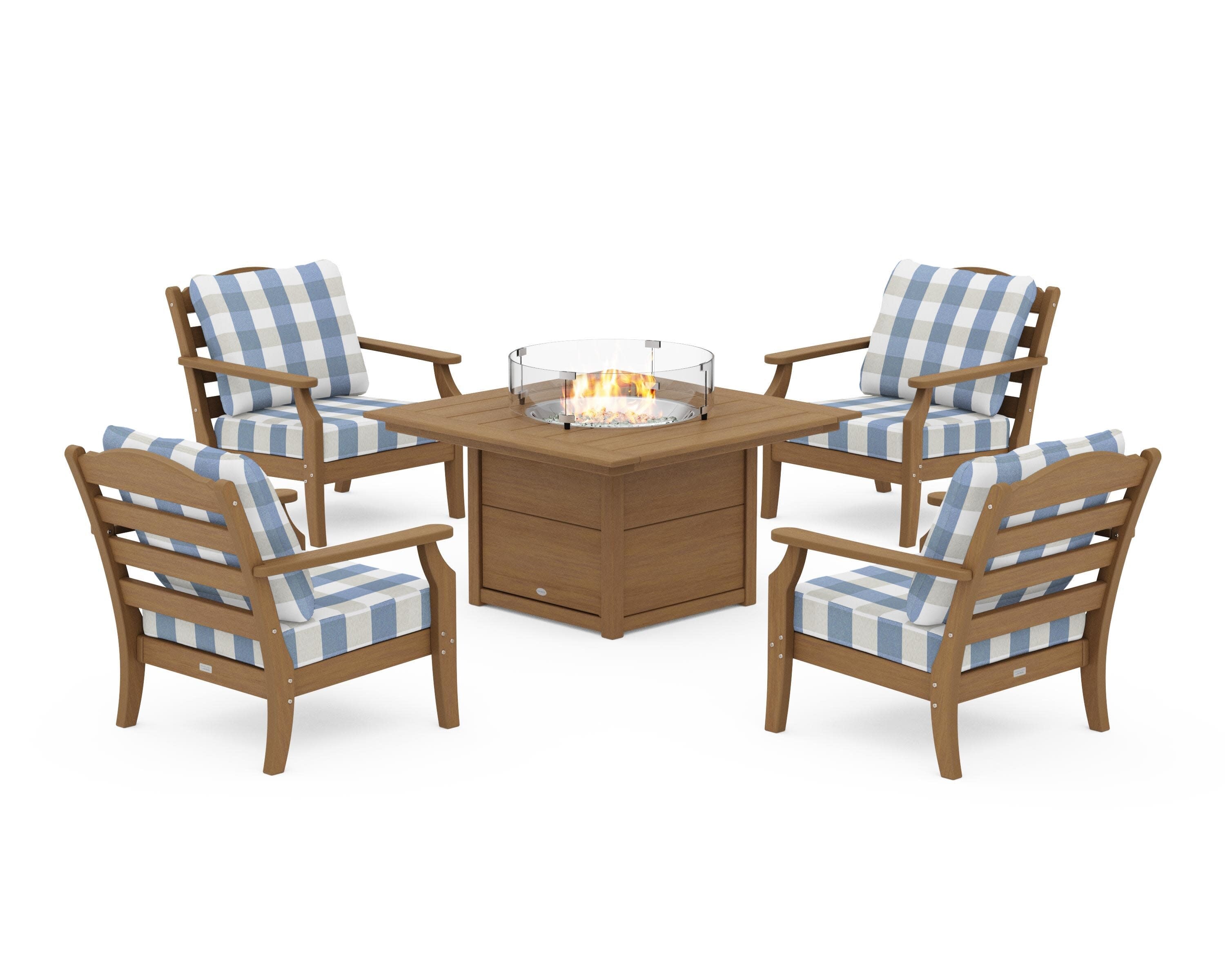 Savannah 5-Piece Deep Seating Set with Fire Pit Table in Natural / Buffalo Plaid Sky Blue