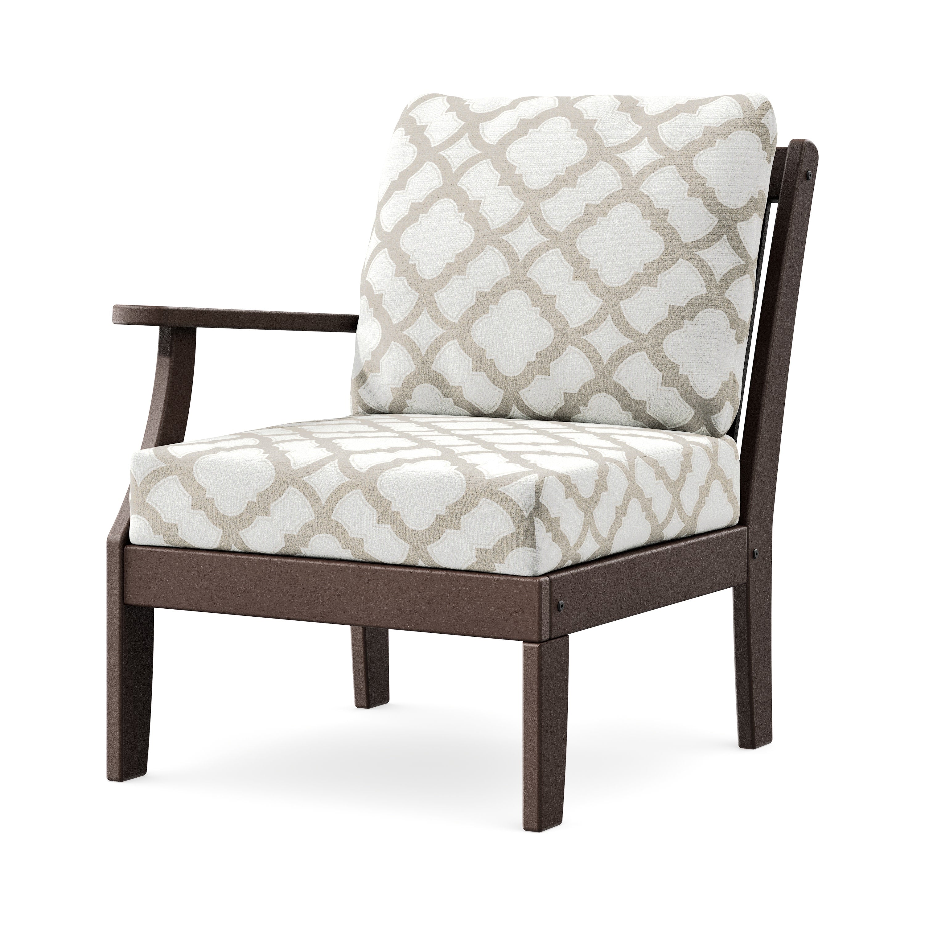 Braxton Modular Left Arm Chair in Mahogany / Trellis Dune Burlap