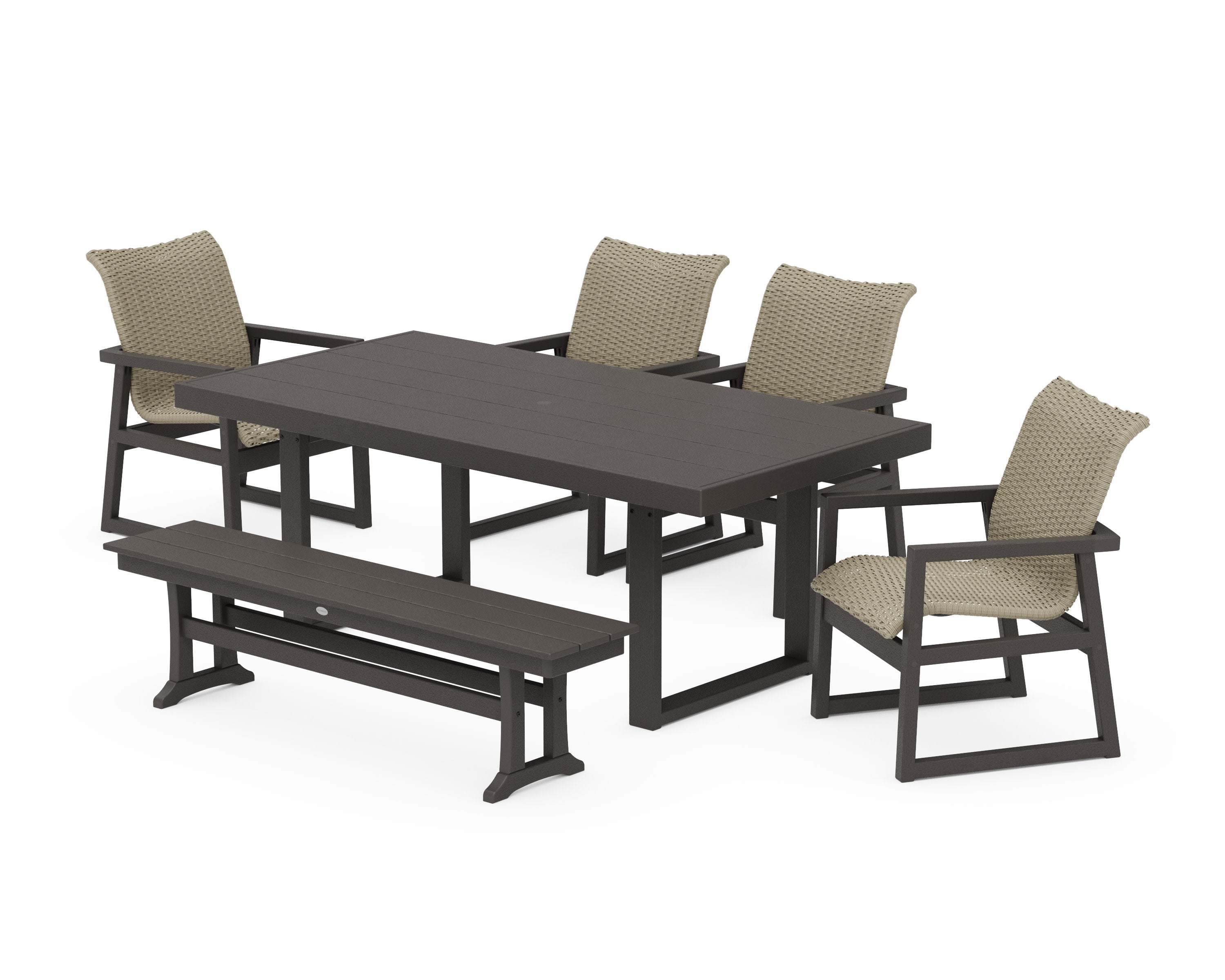 EDGE Woven 6-Piece Dining Set with Bench in Vintage Coffee / Dune Grass