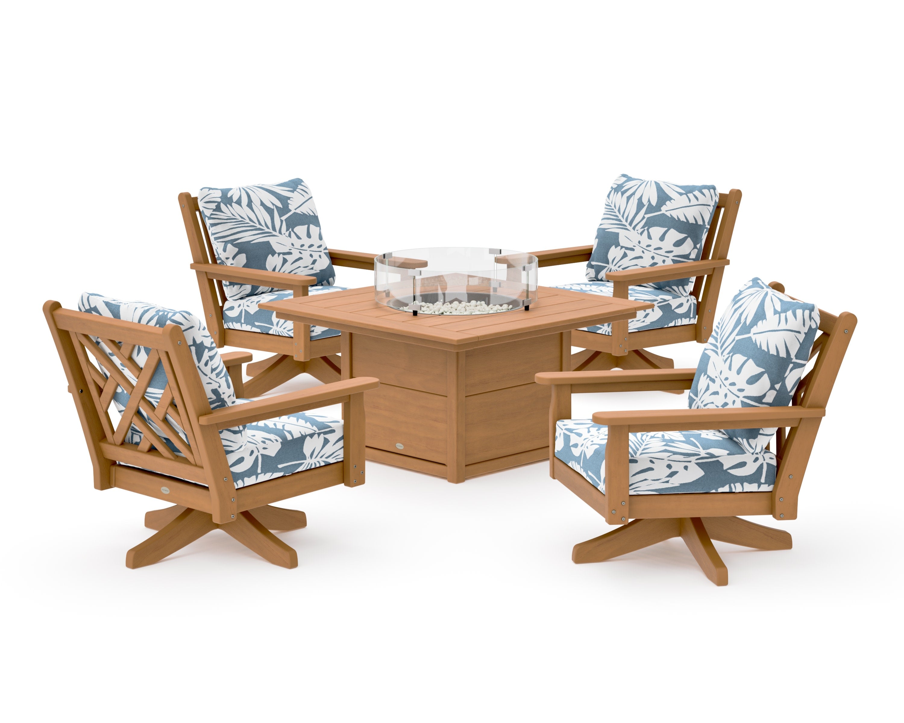 Chippendale 5-Piece Deep Seating Swivel Conversation Set with Fire Pit Table in Natural / Leaf Sky Blue
