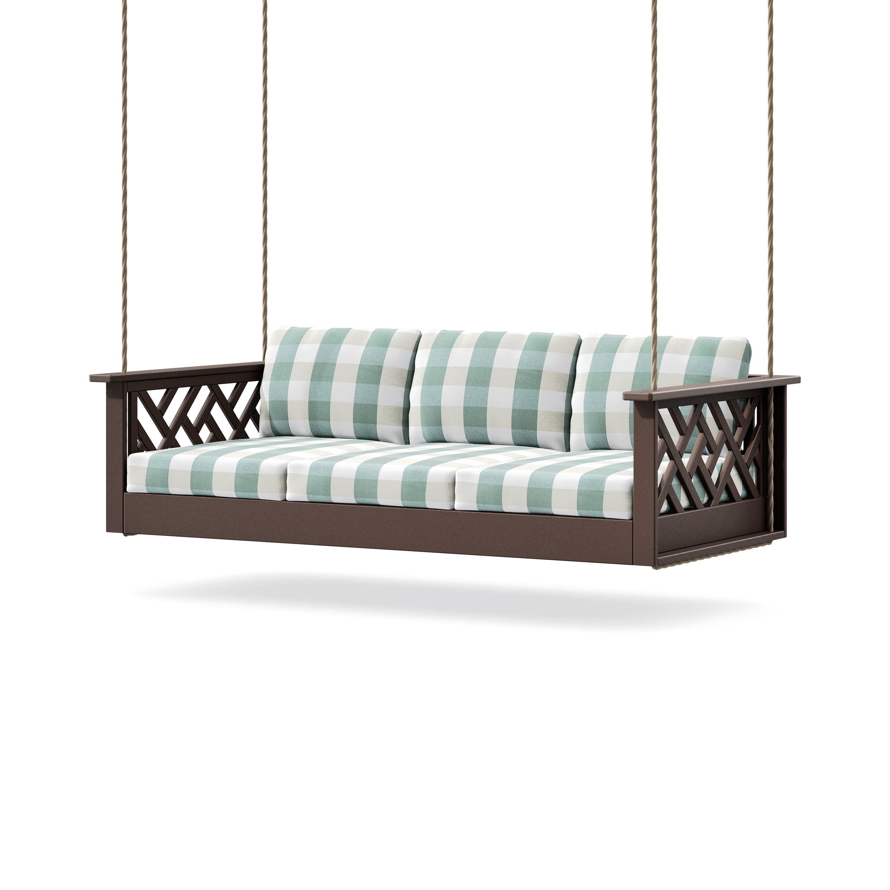 Chippendale Daybed Swing in Mahogany / Buffalo Plaid Glacier Spa