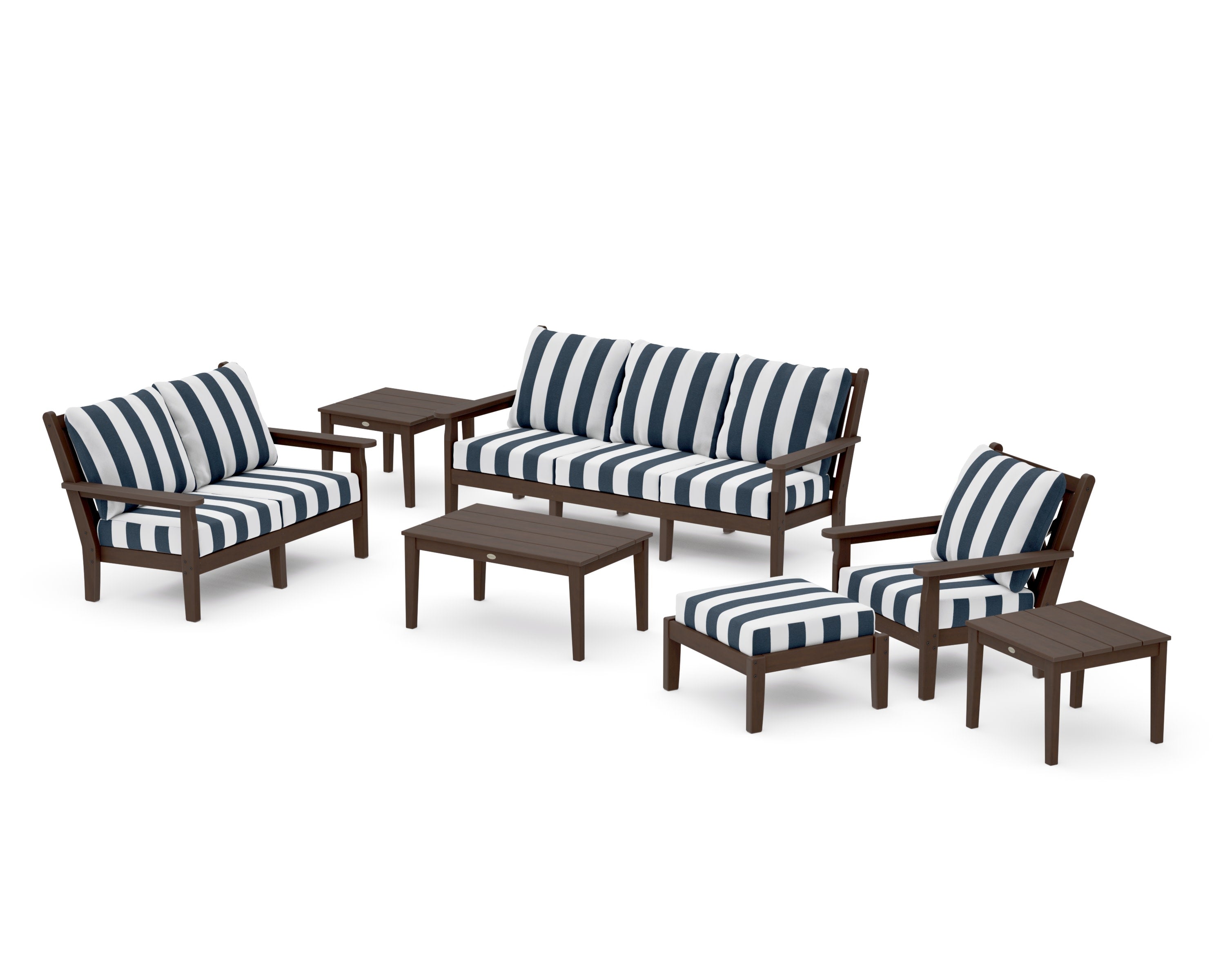 Chippendale 7-Piece Deep Seating Set in Kona / Cabana Stripe Marine Indigo
