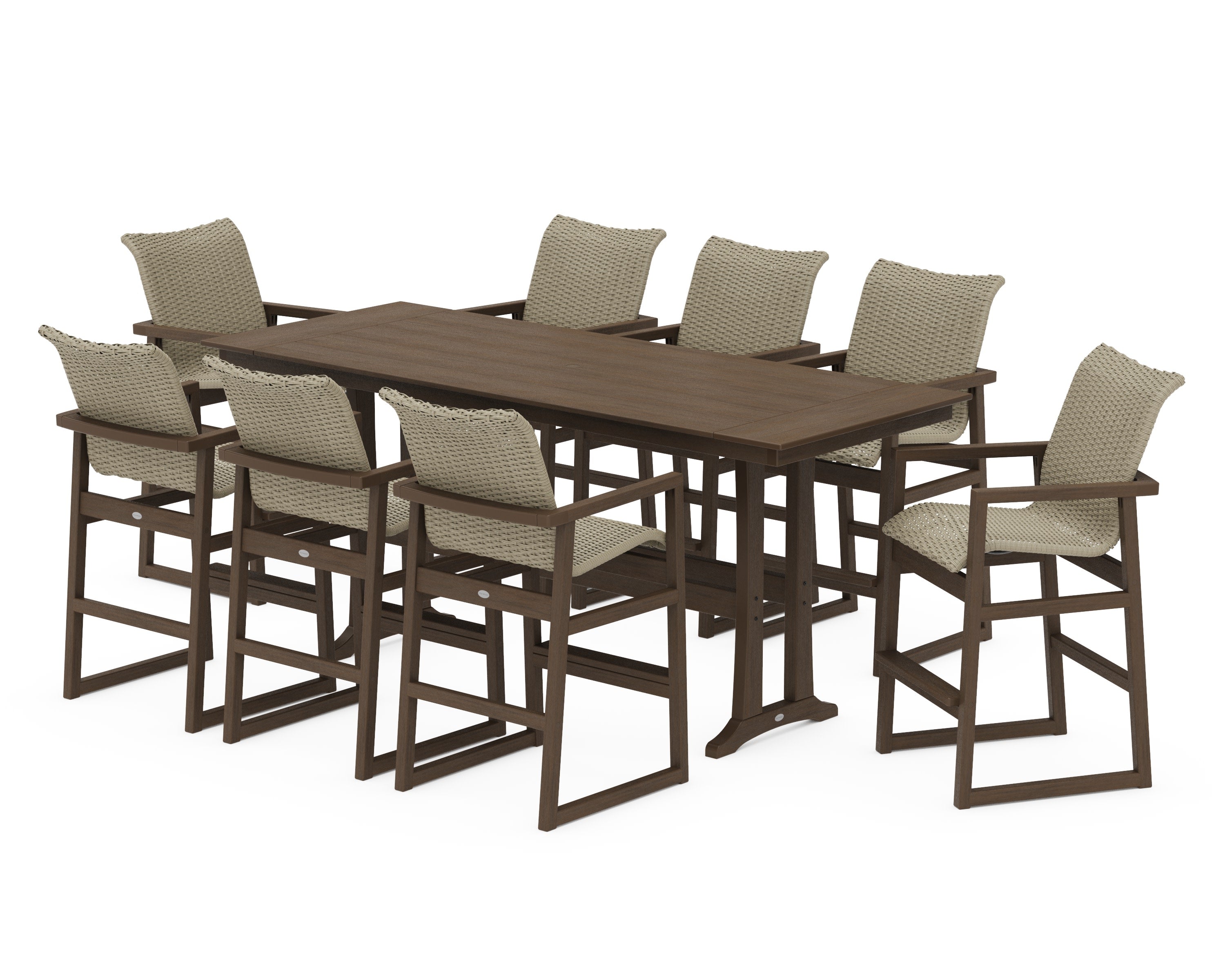 EDGE Woven 9-Piece Farmhouse Bar Set with Trestle Legs in Kona / Dune Grass