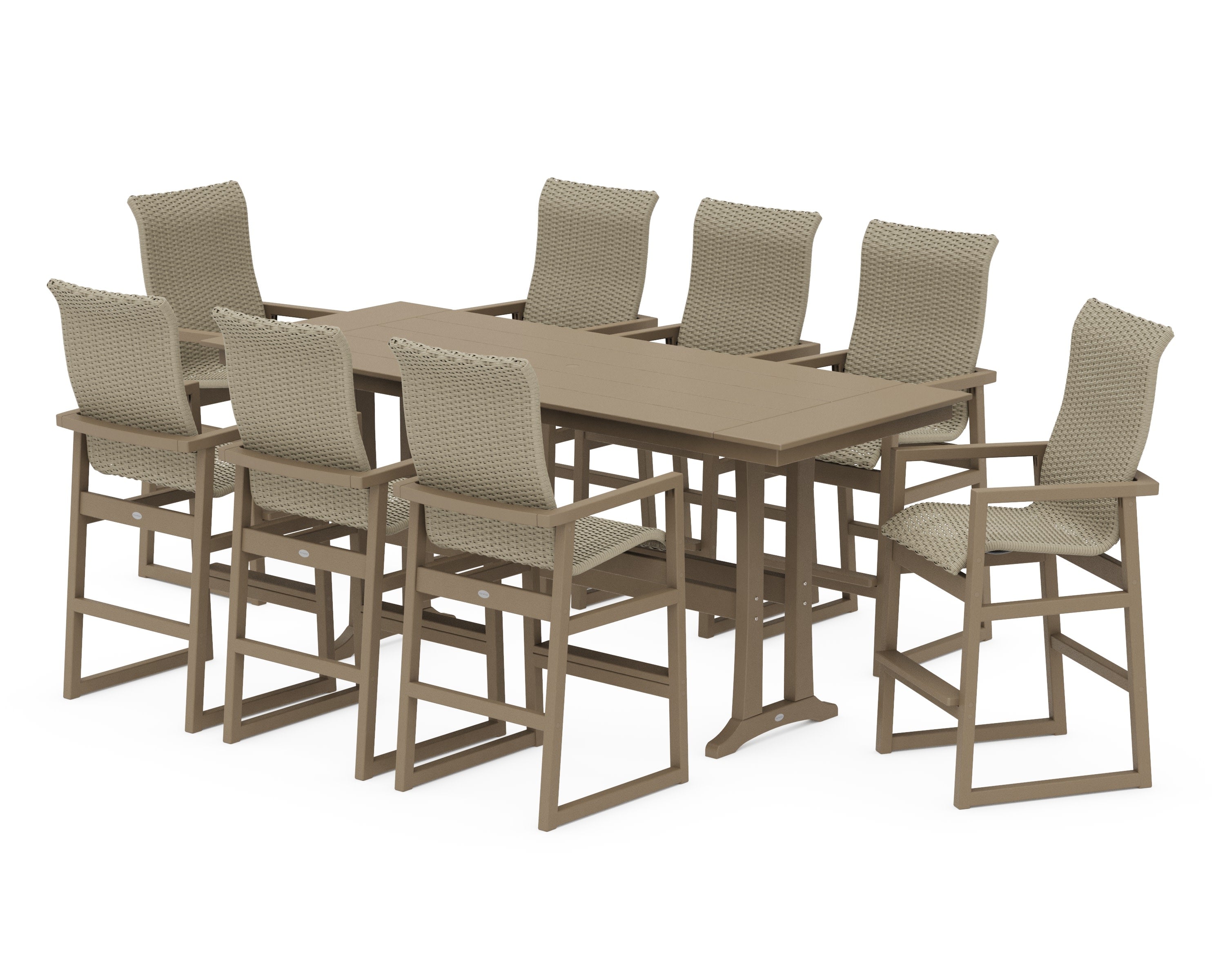 EDGE Woven Highback 9-Piece Farmhouse Bar Set with Trestle Legs in Vintage Sahara / Dune Grass