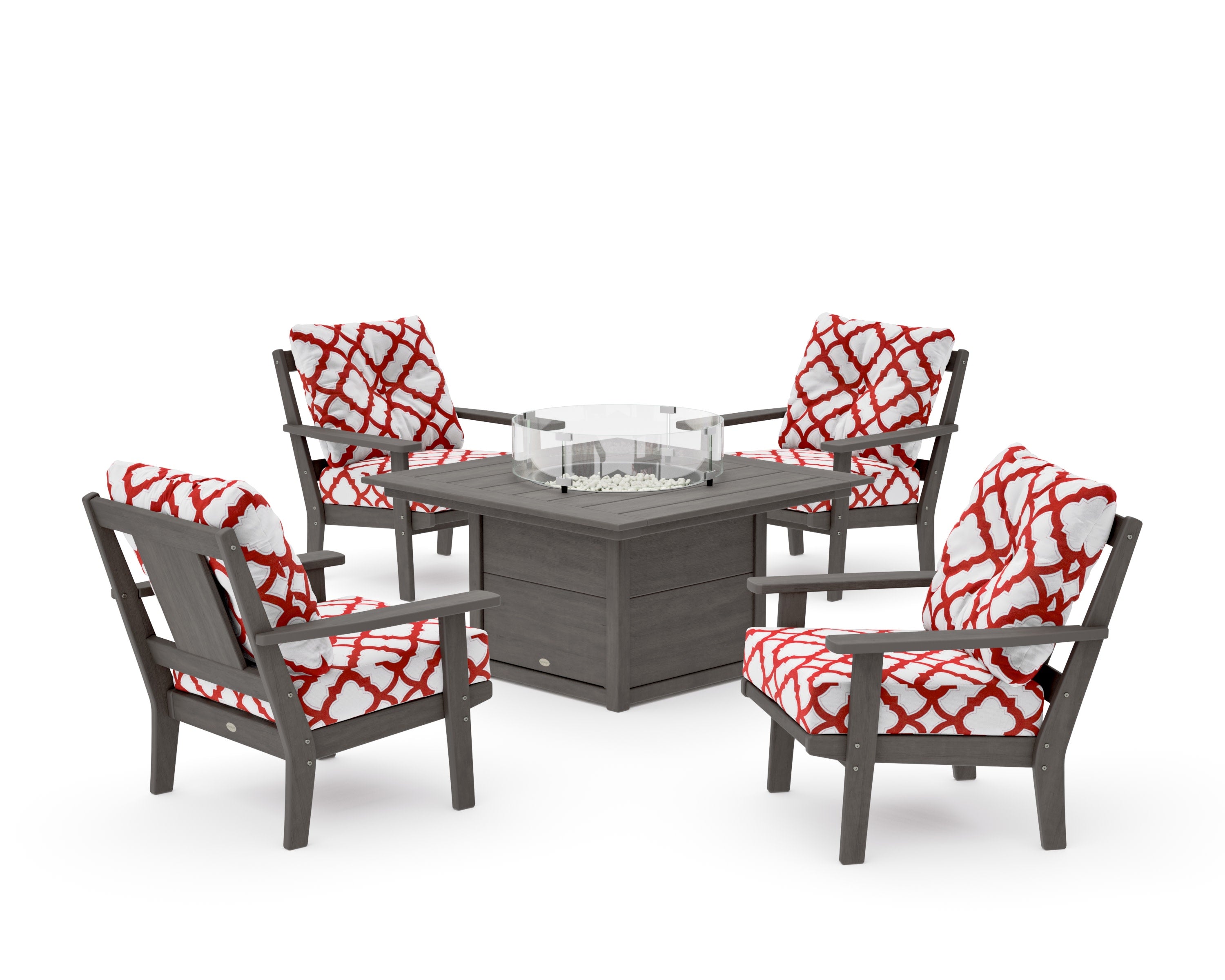 Prairie 5-Piece Deep Seating Set with Fire Pit Table in Driftwood / Trellis Crimson