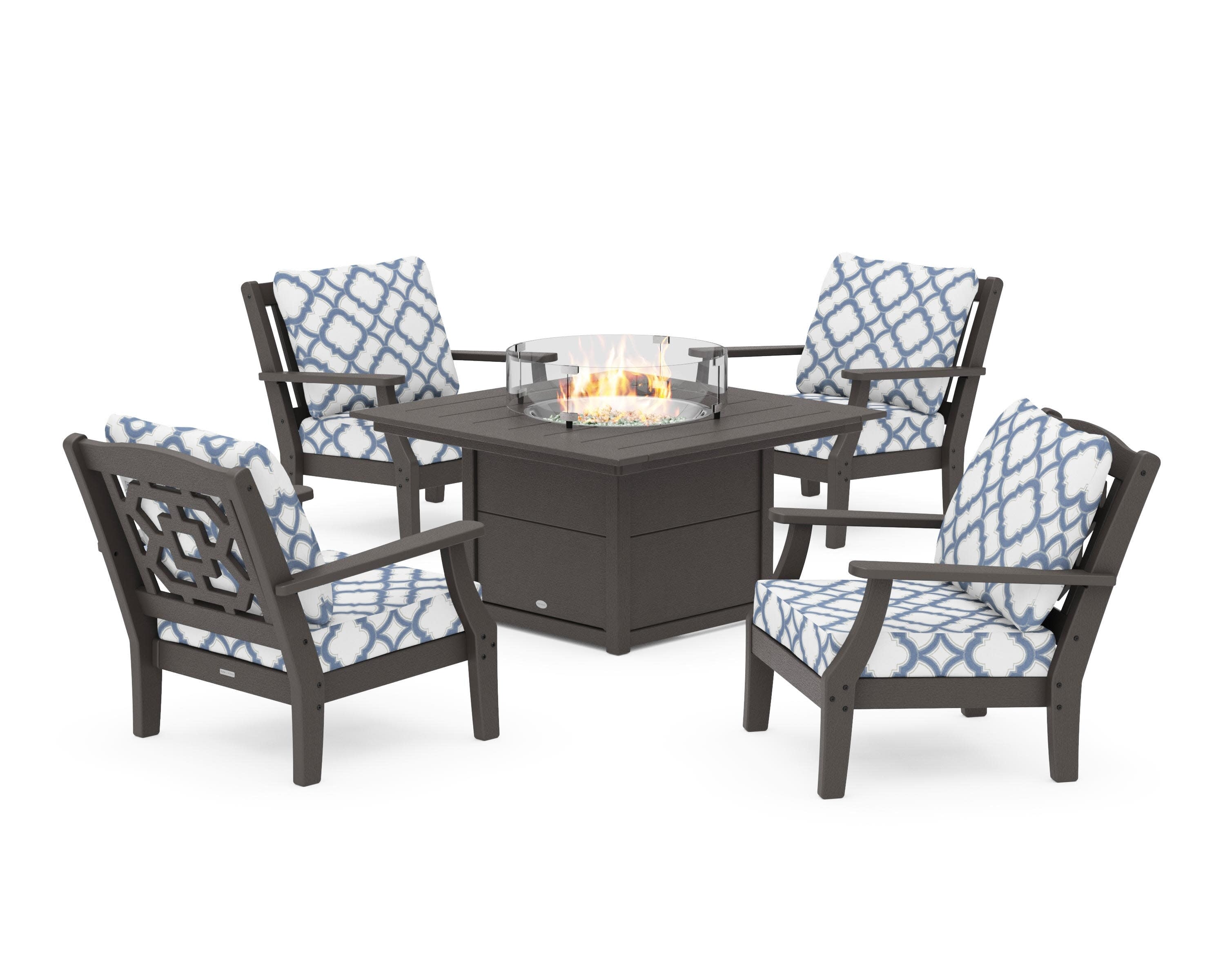 Chinoiserie 5-Piece Deep Seating Set with Fire Pit Table in Vintage Coffee / Trellis Sky Blue