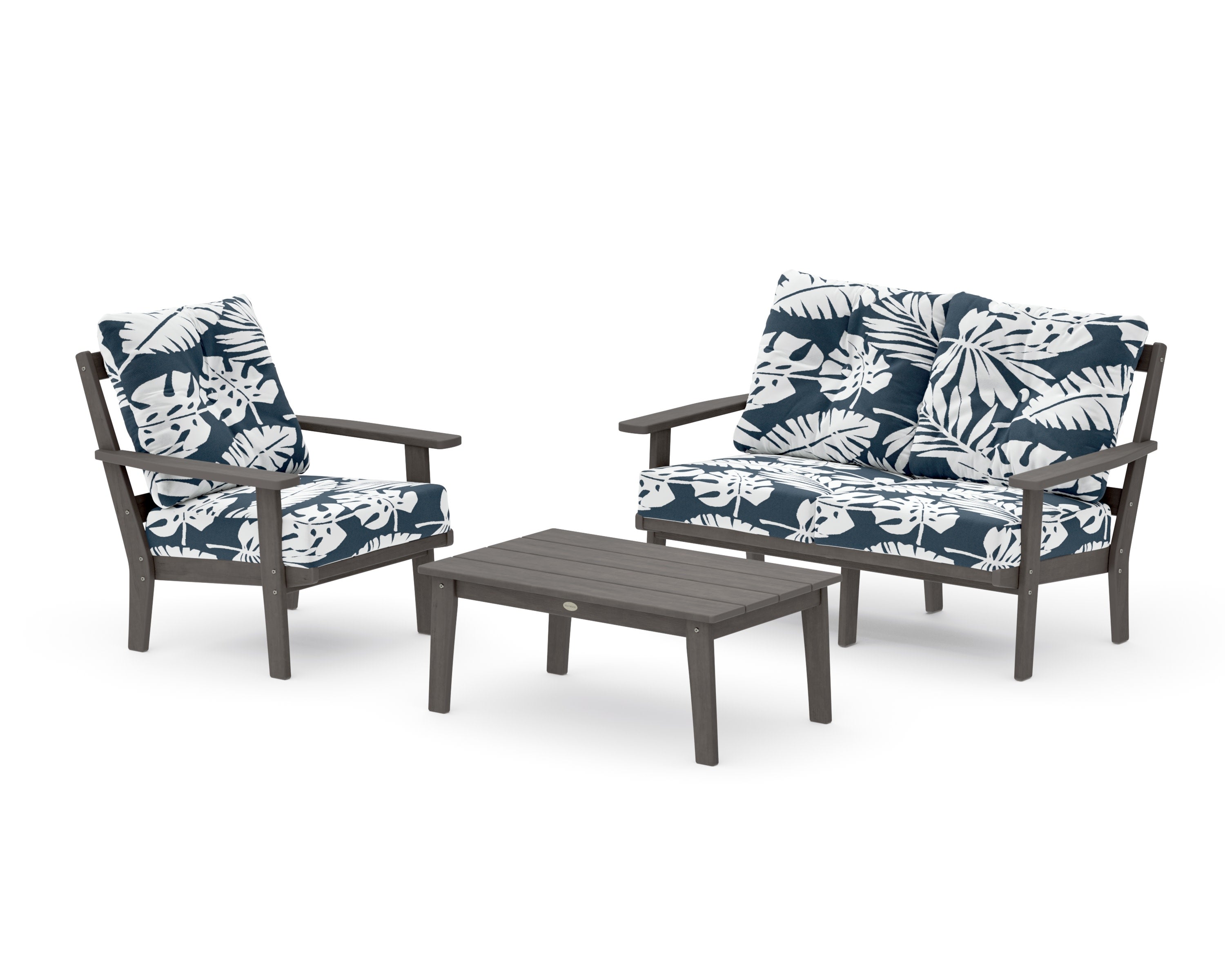 Oxford 3-Piece Deep Seating Set with Loveseat in Driftwood / Leaf Marine Indigo