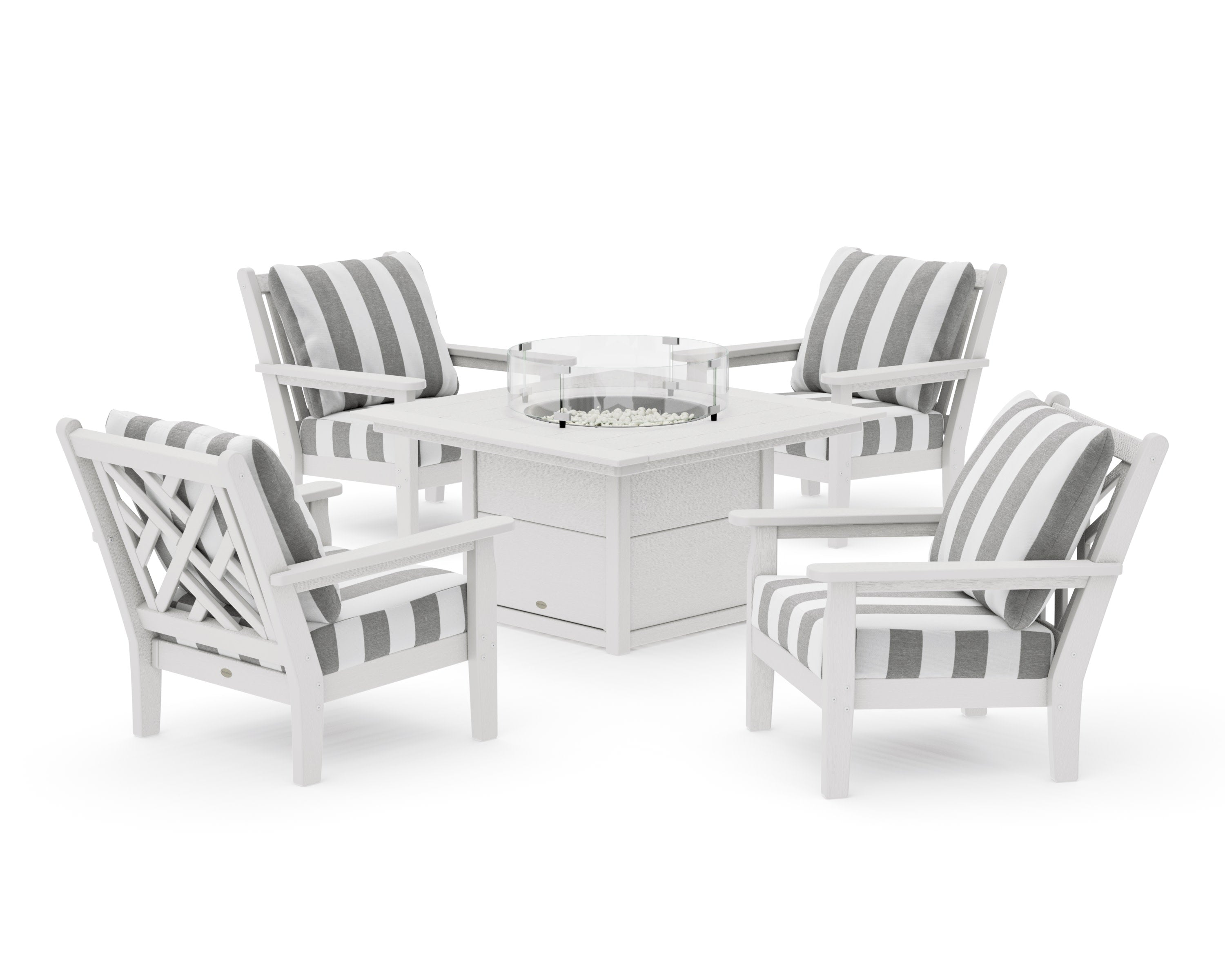 Chippendale 5-Piece Deep Seating Set with Fire Pit Table in Vintage White / Cabana Stripe Grey Mist