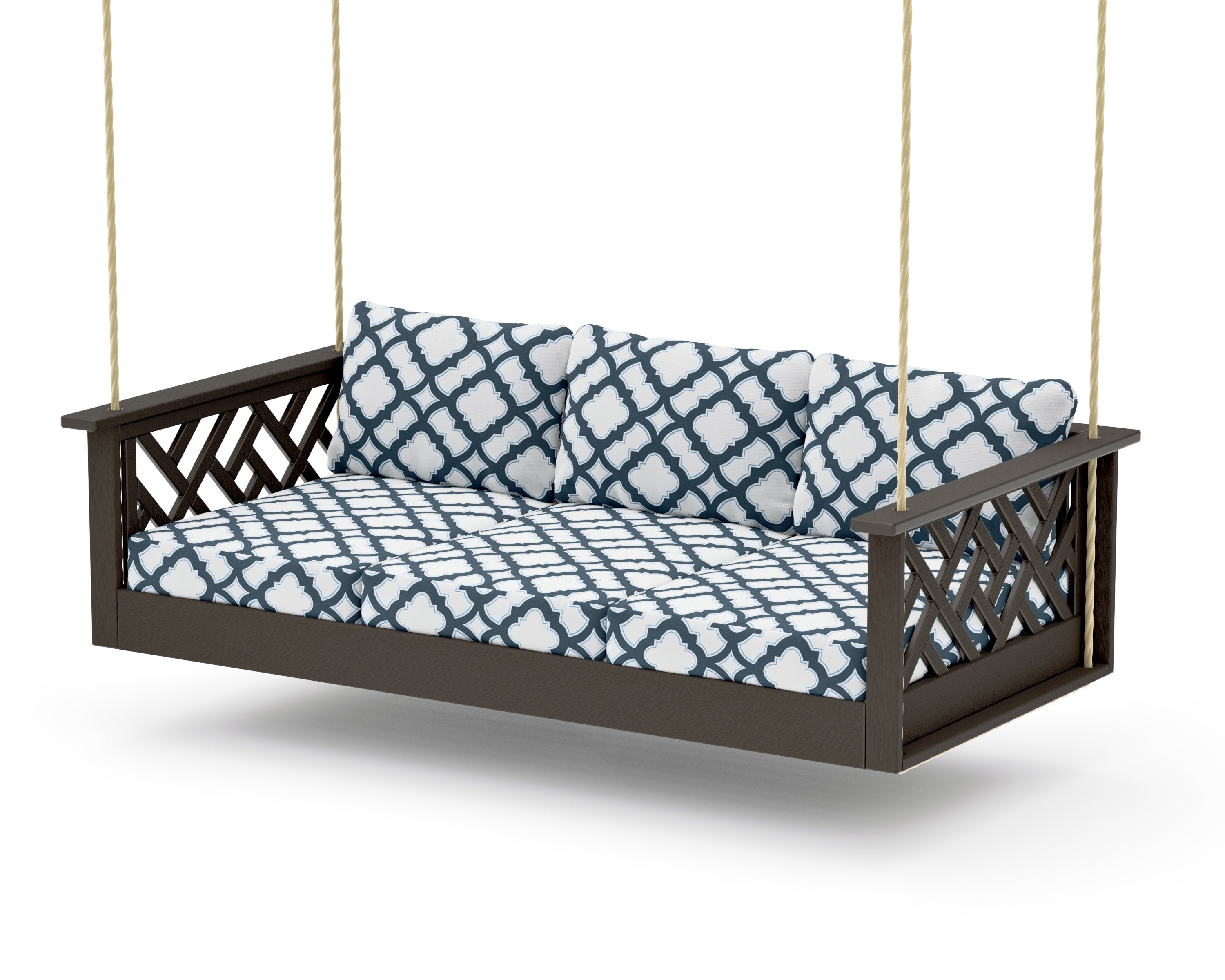Chippendale Daybed Swing in Vintage Coffee / Trellis Marine Indigo