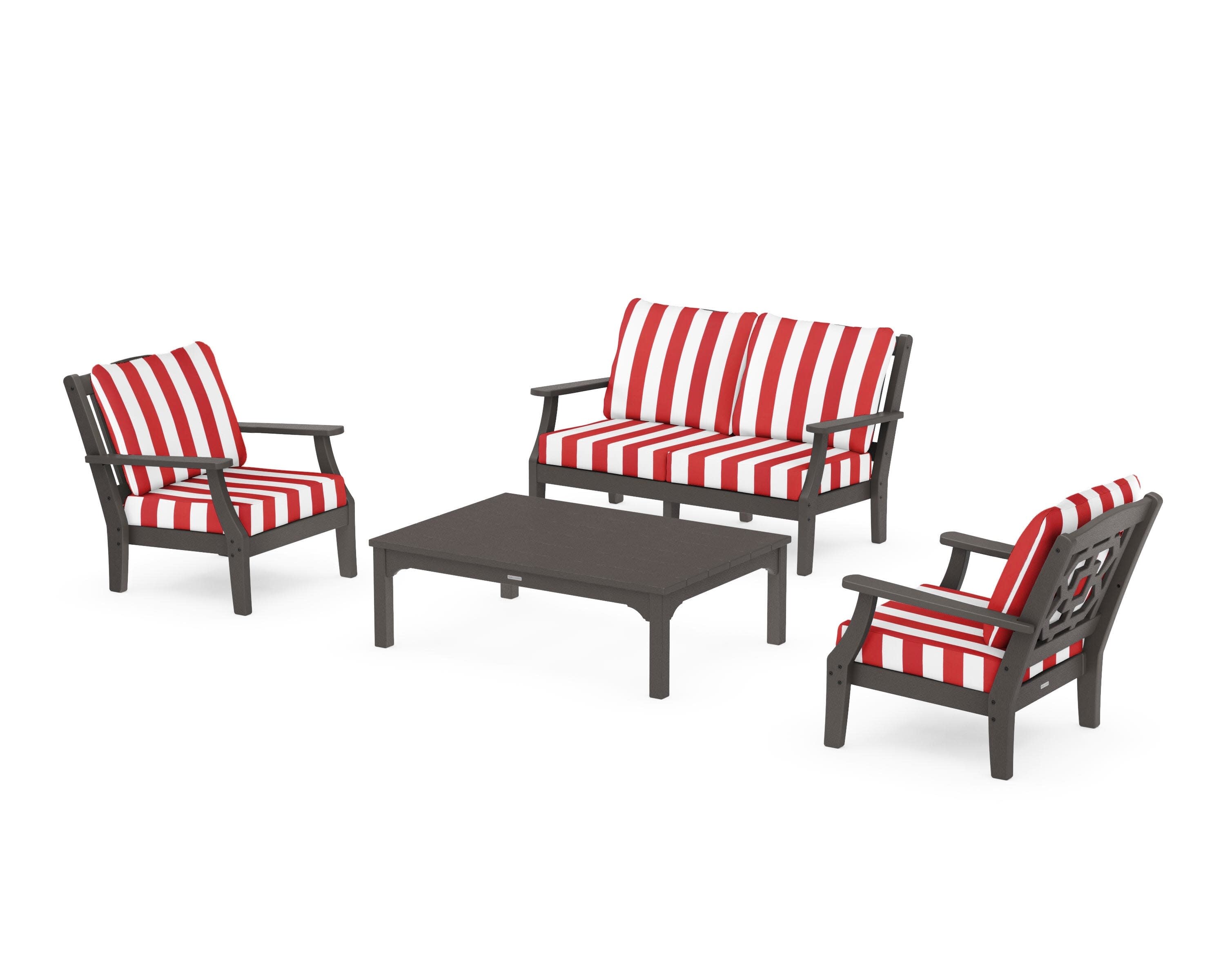 Chinoiserie 4-Piece Deep Seating Set with Loveseat in Vintage Coffee / Cabana Stripe Crimson