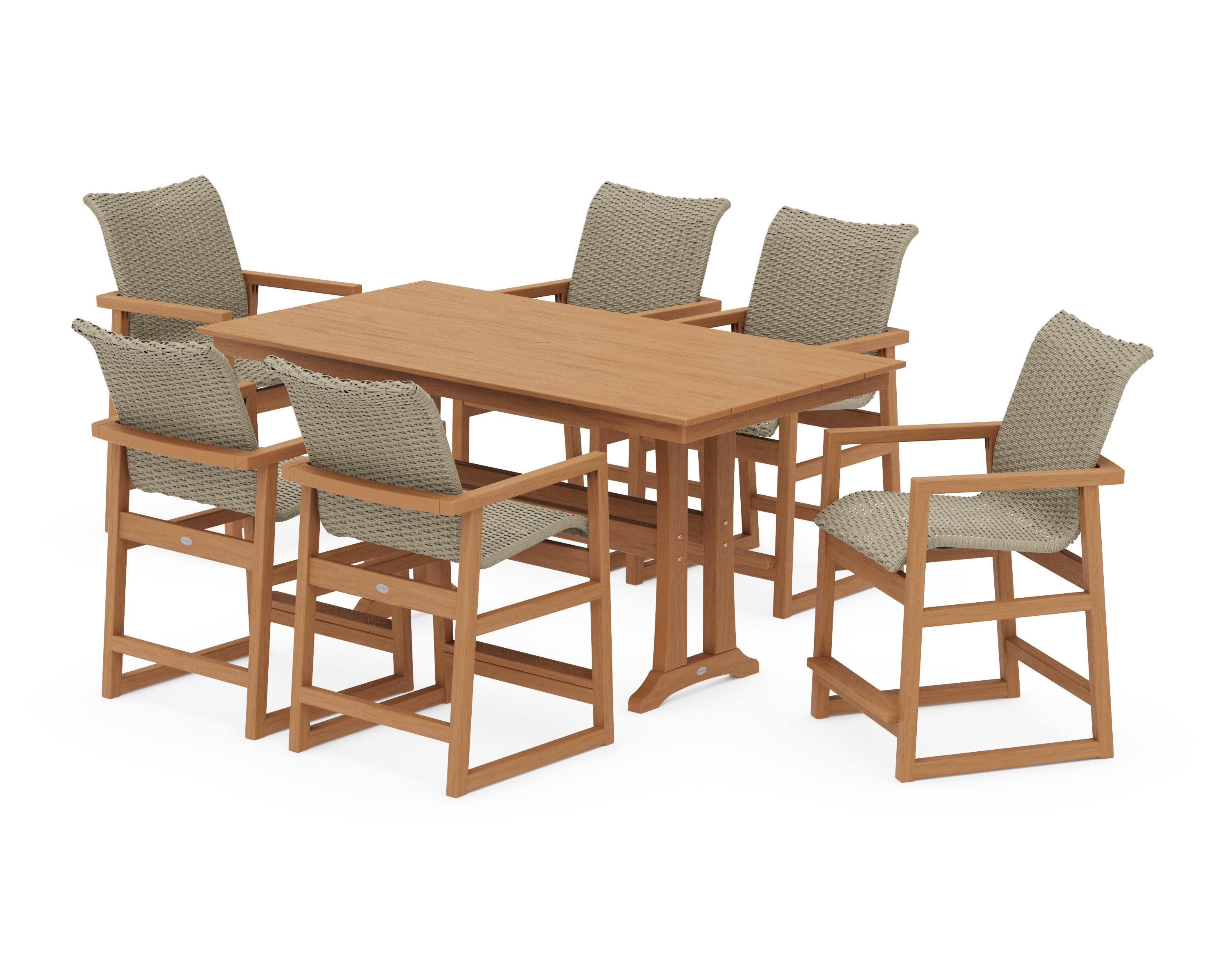 EDGE Woven Arm Chair 7-Piece Farmhouse Counter Set with Trestle Legs in Natural / Dune Grass