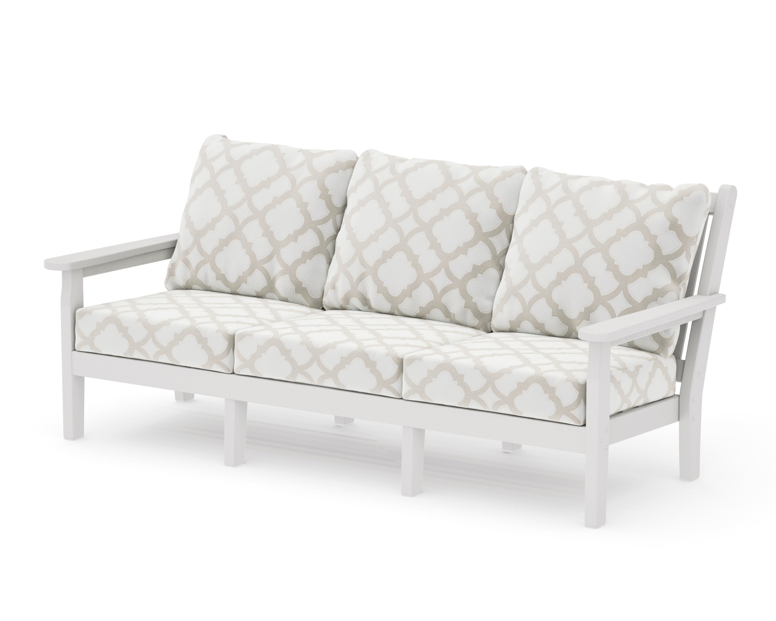 Chippendale Deep Seating Sofa in Vintage White / Trellis Dune Burlap