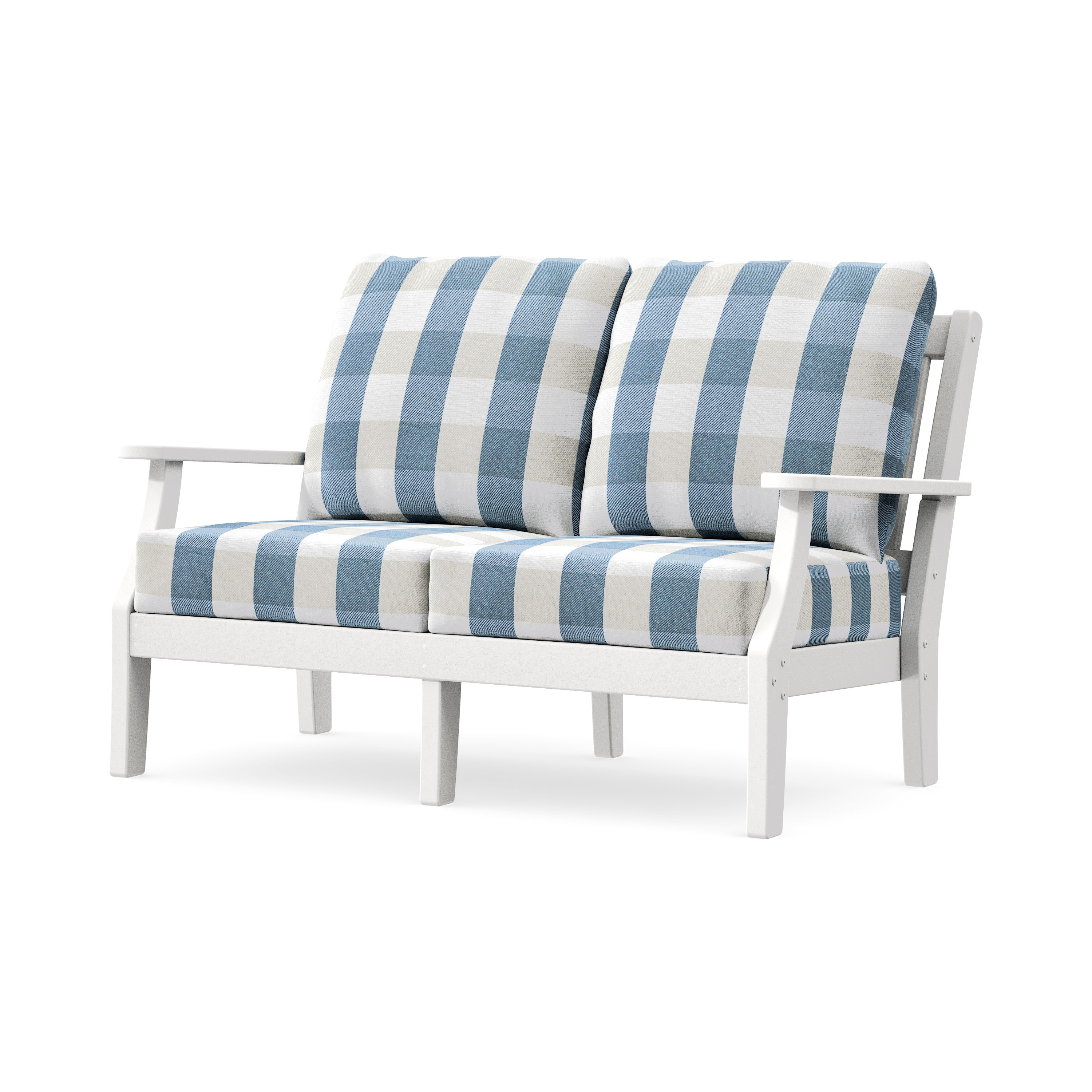 Chinoiserie Deep Seating Loveseat in White / Buffalo Plaid Sky Blue