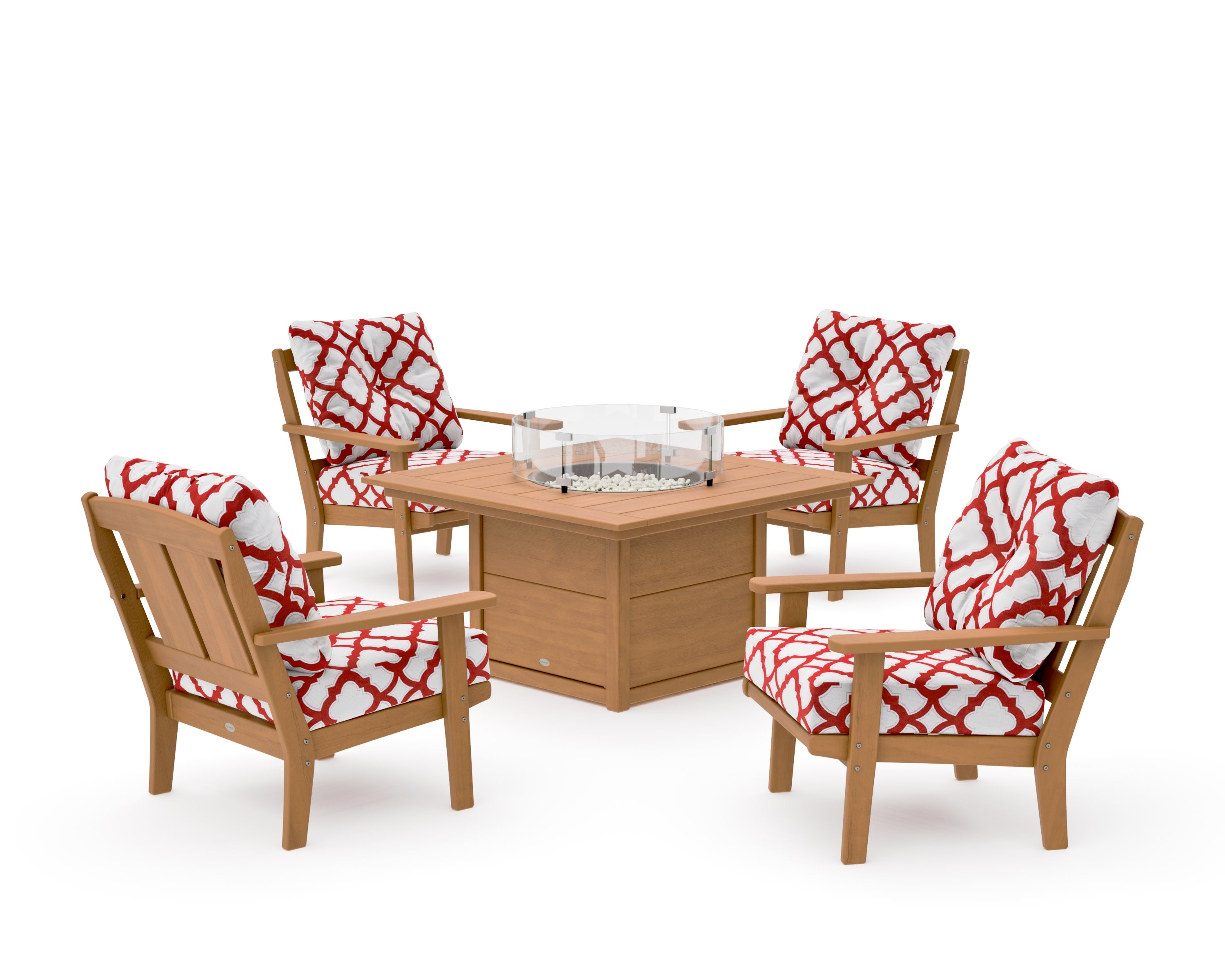 Mission 5-Piece Deep Seating Set with Fire Pit Table in Natural / Trellis Crimson