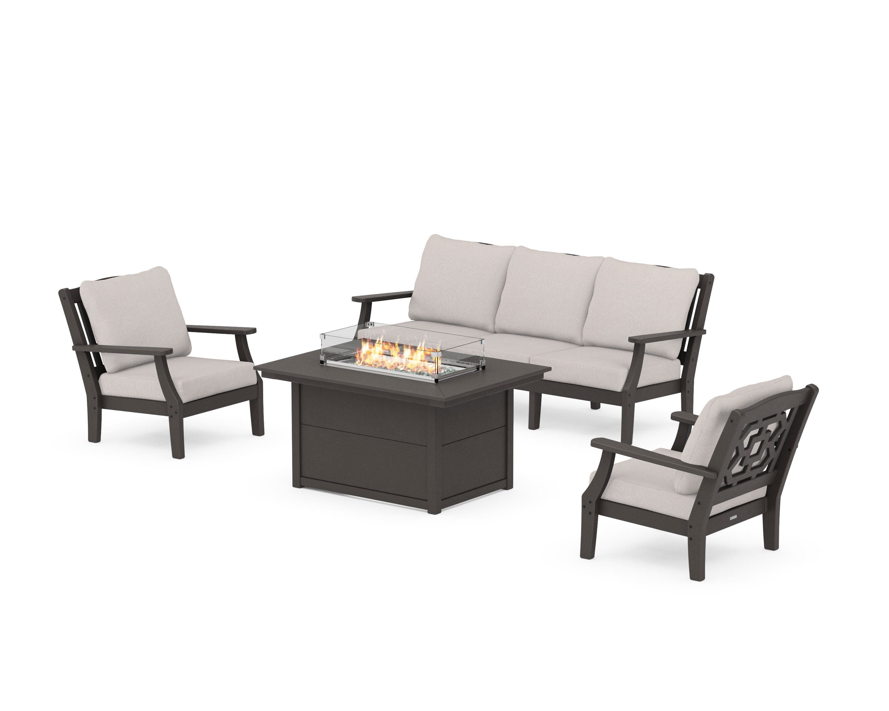 Chinoiserie Deep Seating Fire Pit Table Set in Vintage Coffee / Dune Burlap