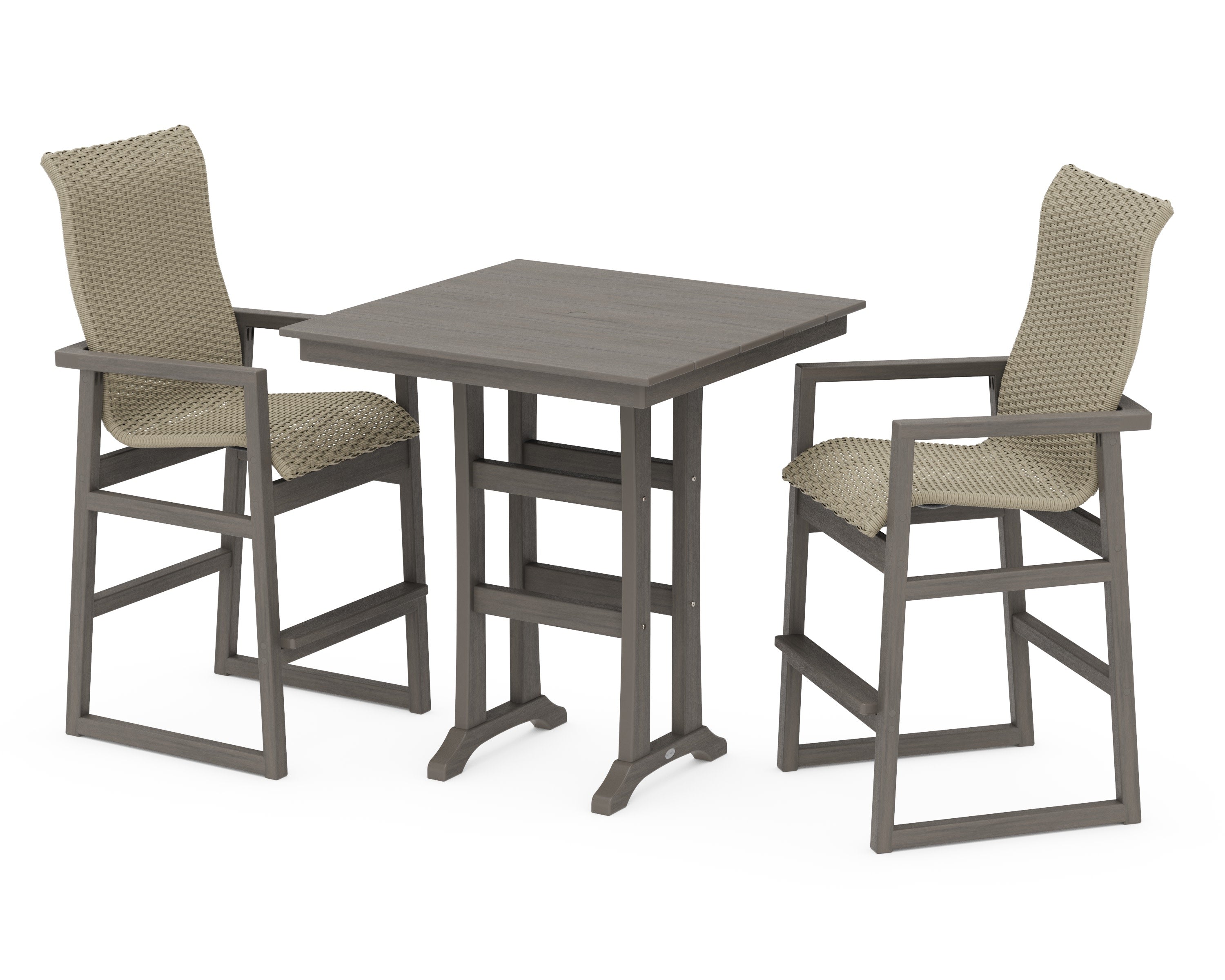 EDGE Woven Highback 3-Piece Farmhouse Bar Set with Trestle Legs in Driftwood / Dune Grass