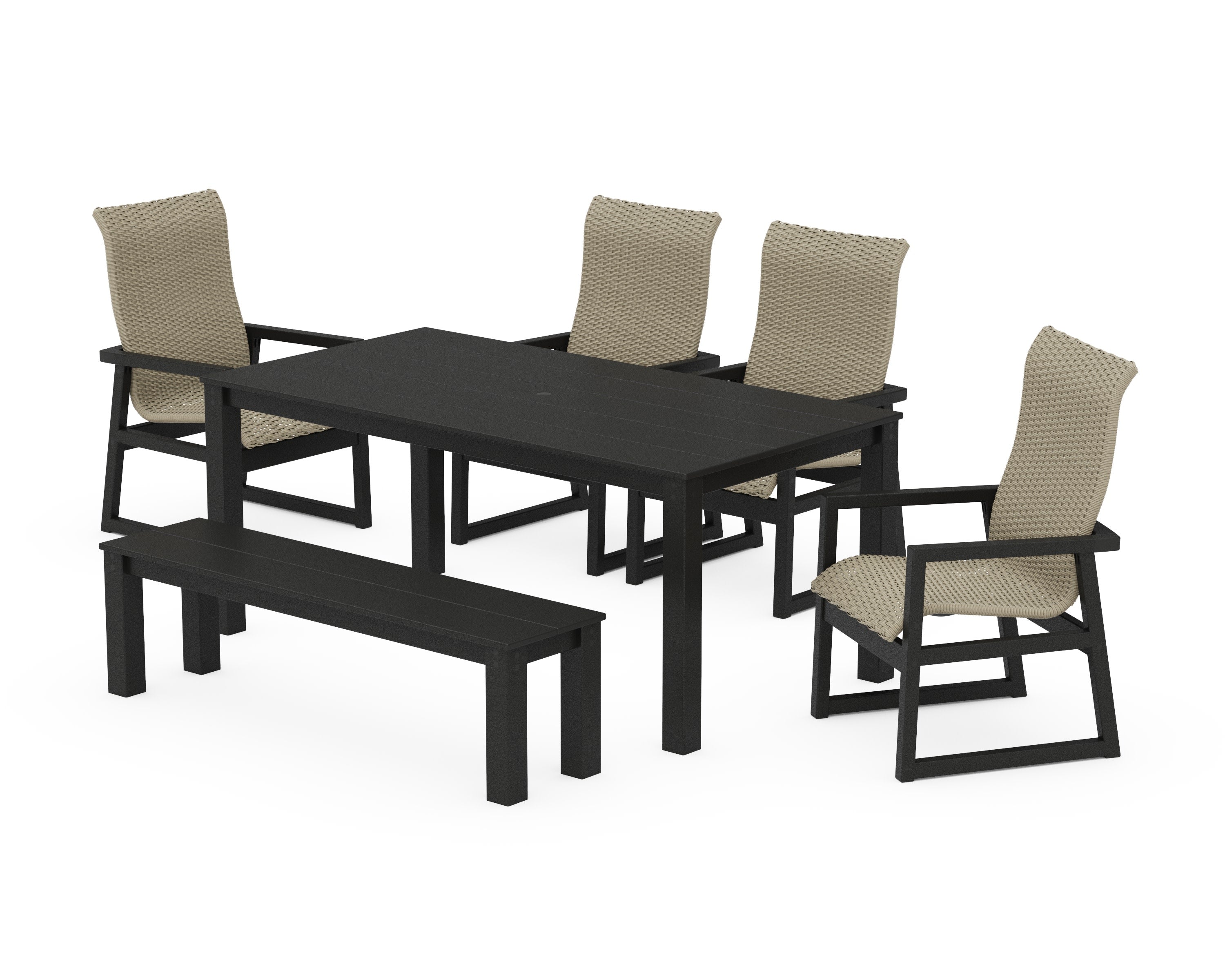 EDGE Woven Highback 6-Piece Parsons Dining Set with Bench in Black / Dune Grass