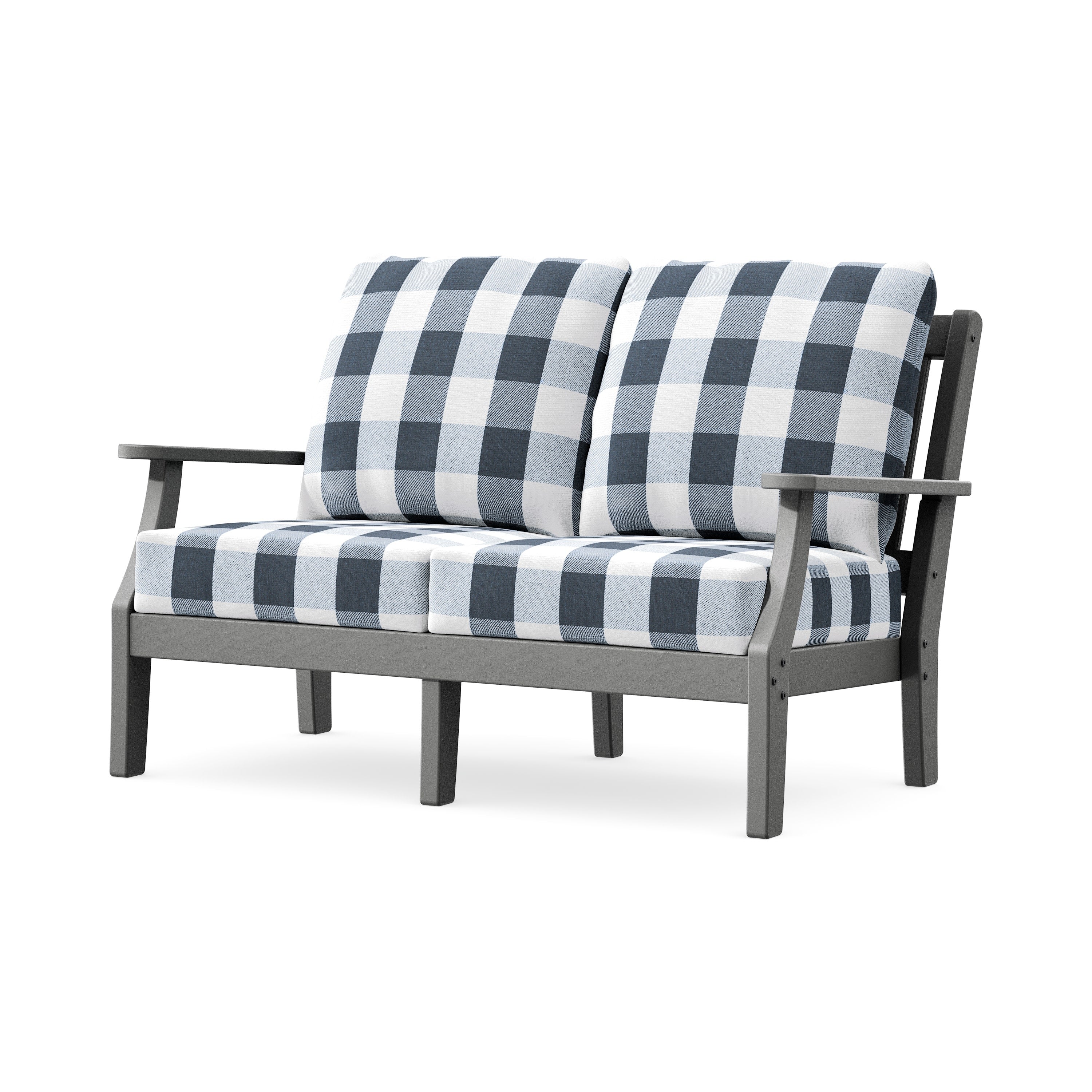 Chinoiserie Deep Seating Loveseat in Slate Grey / Buffalo Plaid Marine Indigo