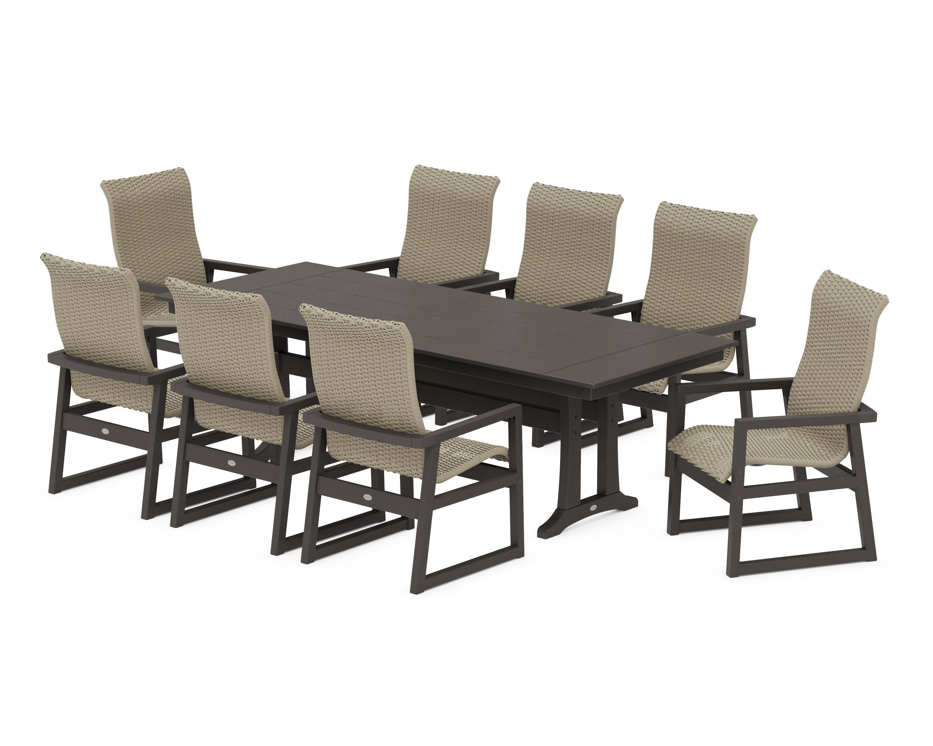 EDGE Woven Highback 9-Piece Farmhouse Dining Set with Trestle Legs in Vintage Coffee / Dune Grass