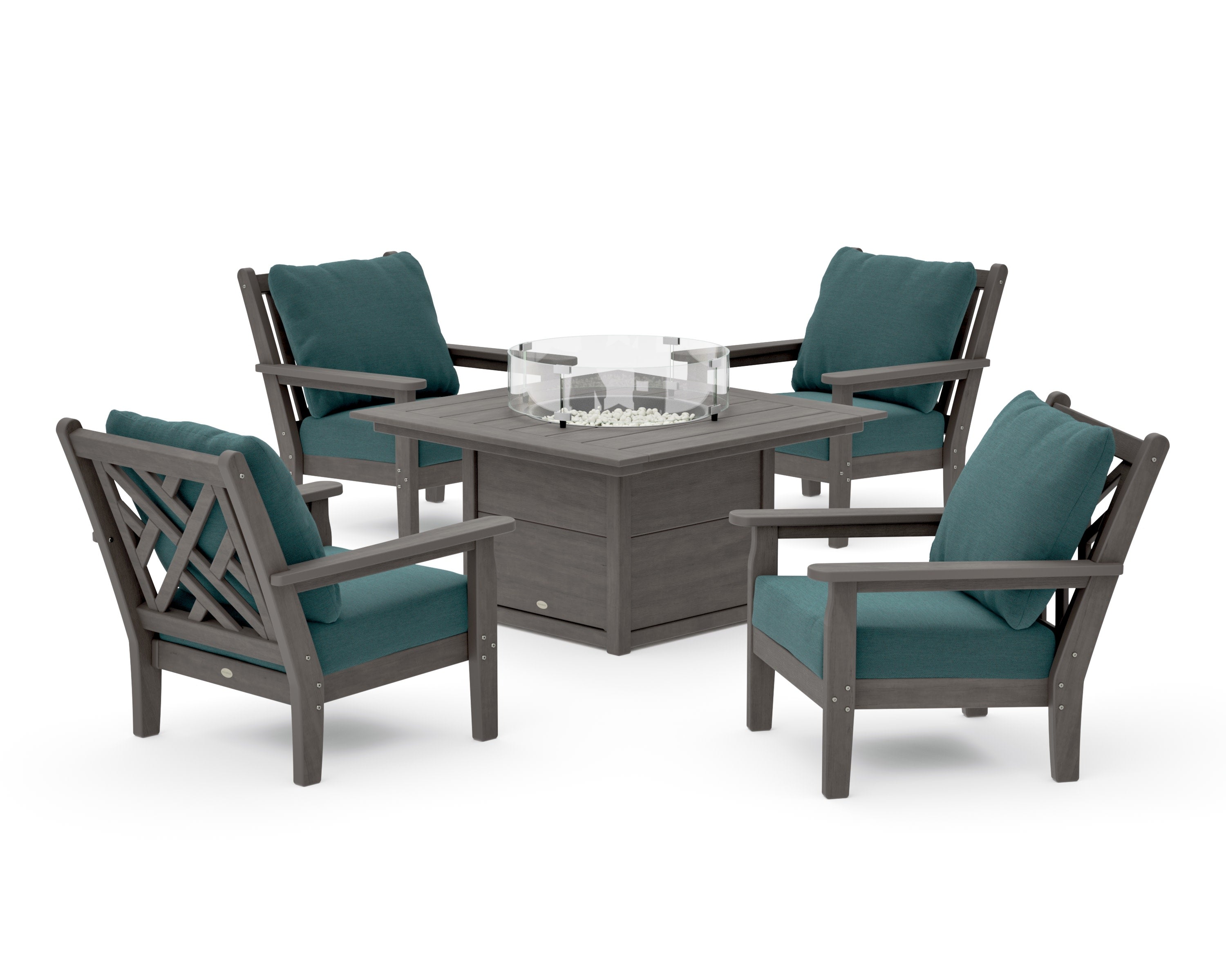 Chippendale 5-Piece Deep Seating Set with Fire Pit Table in Driftwood / Ocean Teal