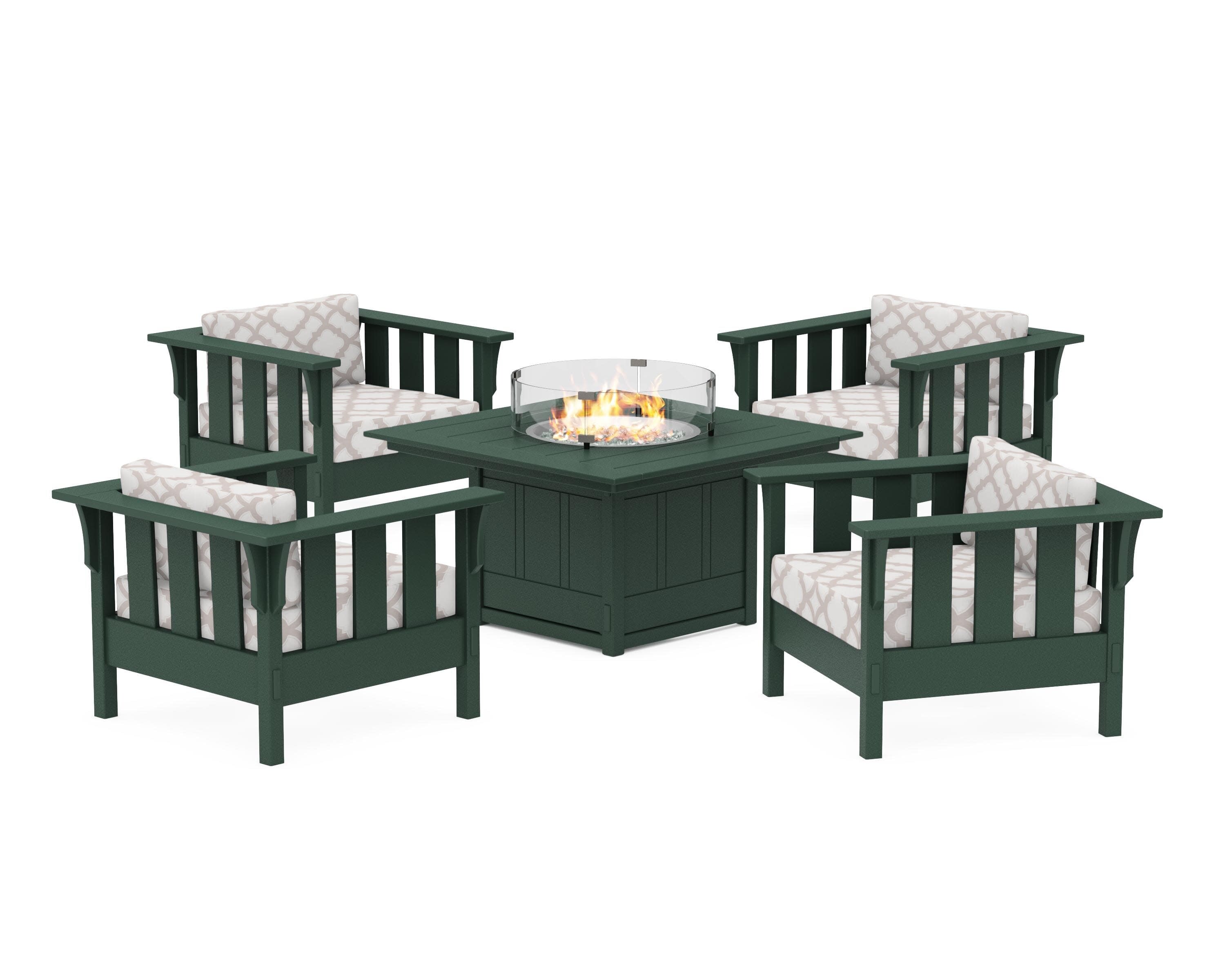 Acadia 5-Piece Deep Seating Set with Fire Pit Table in Green / Trellis Dune Burlap