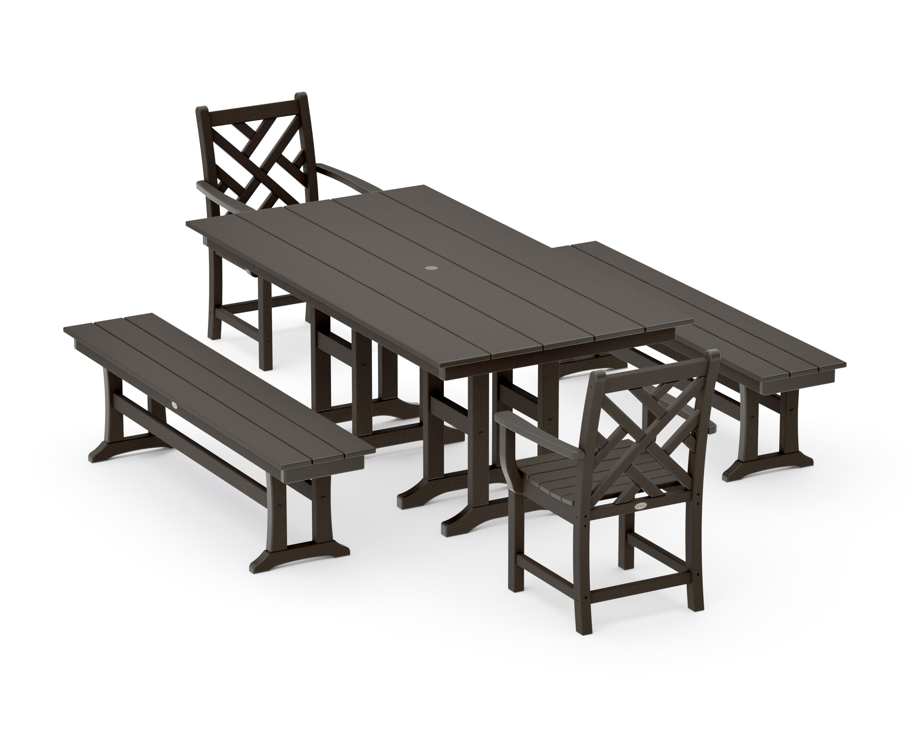Chippendale 5-Piece Farmhouse Dining Set with Benches in Vintage Coffee