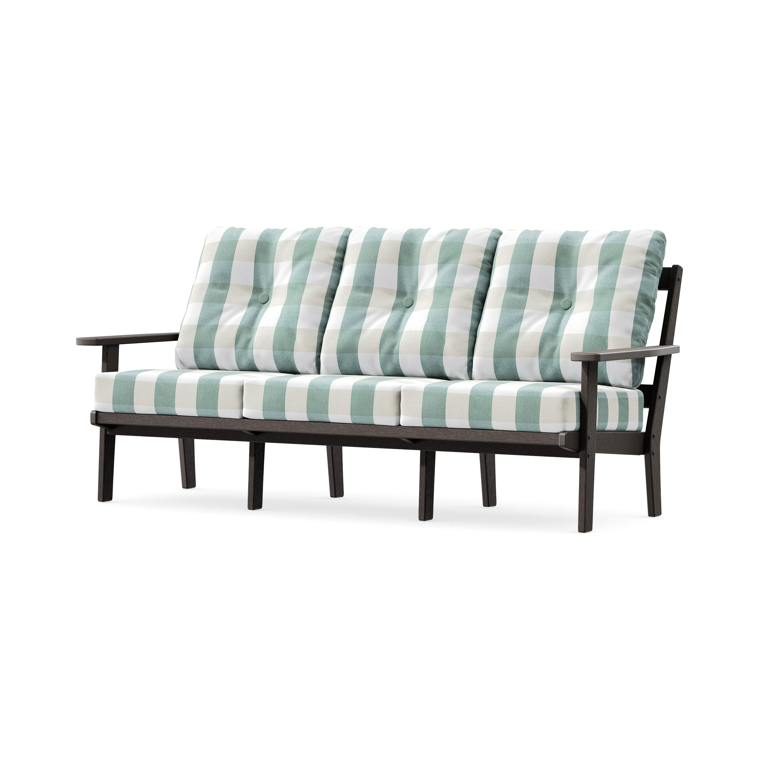 PrairieDeep Seating Sofa in Vintage Coffee / Buffalo Plaid Glacier Spa
