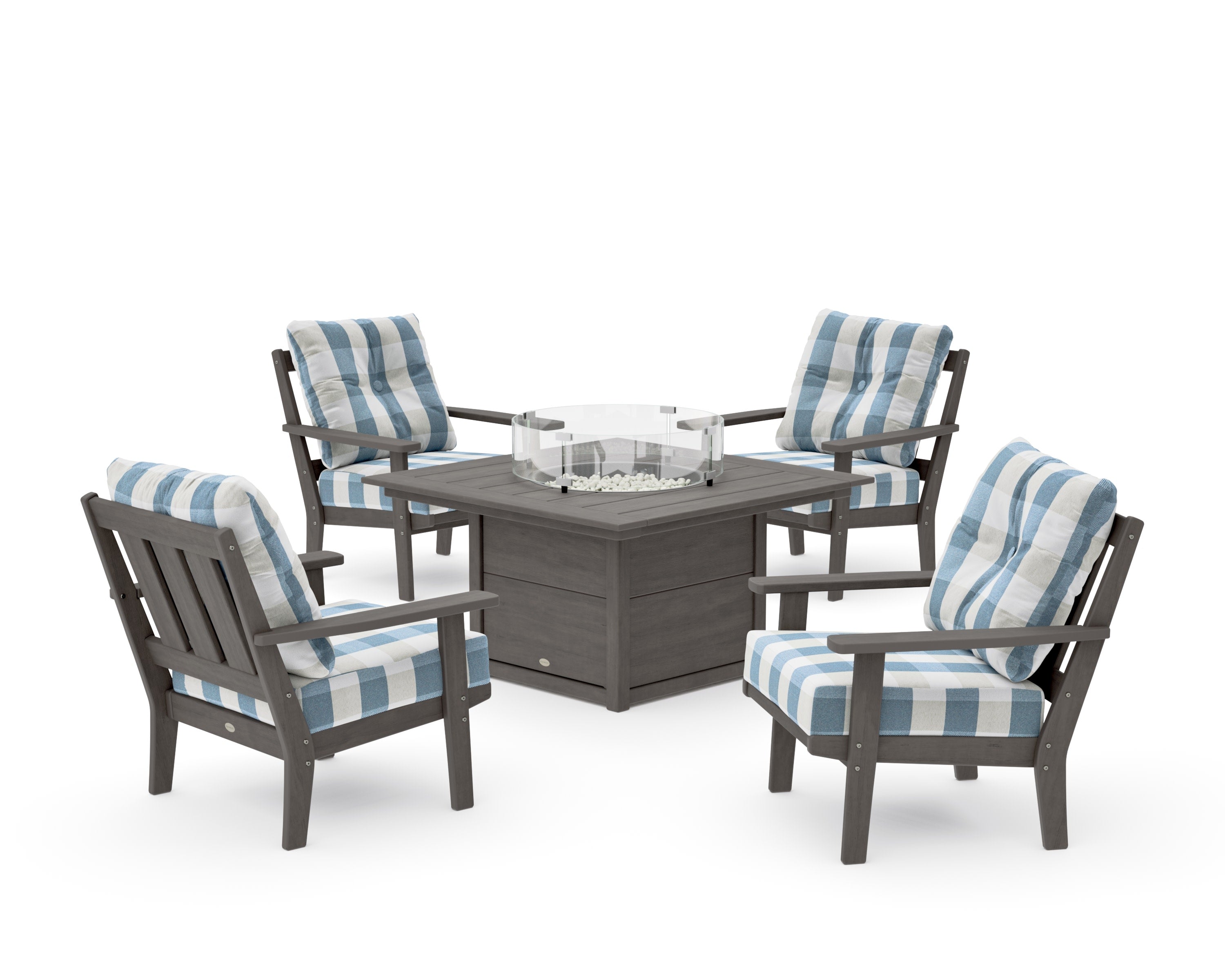 Oxford 5-Piece Deep Seating Set with Fire Pit Table in Driftwood / Buffalo Plaid Sky Blue