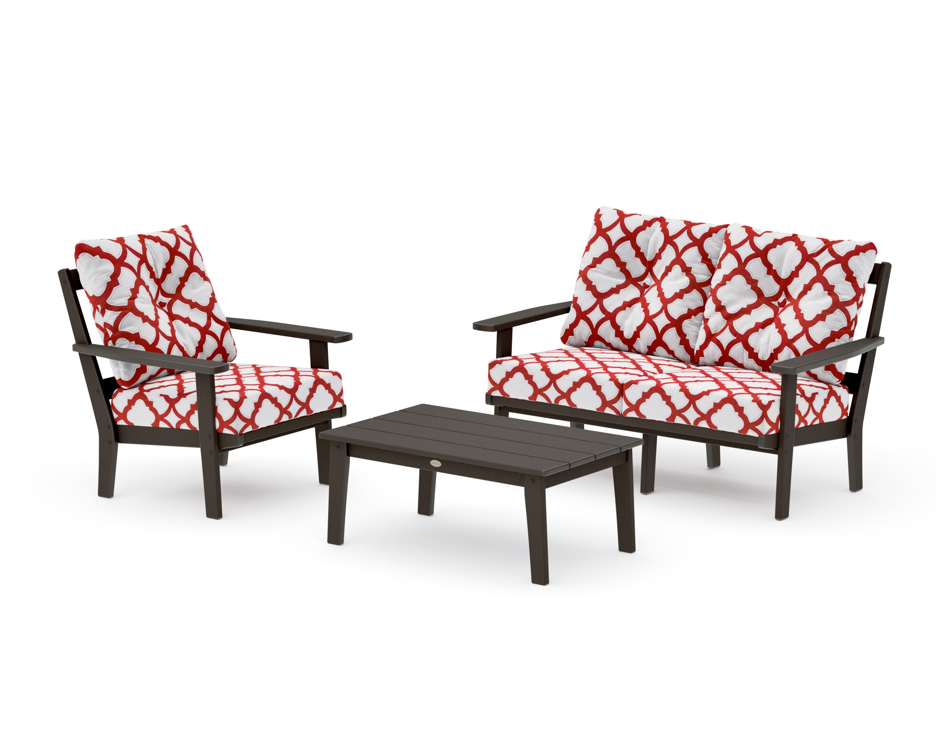 Oxford 3-Piece Deep Seating Set with Loveseat in Vintage Coffee / Trellis Crimson