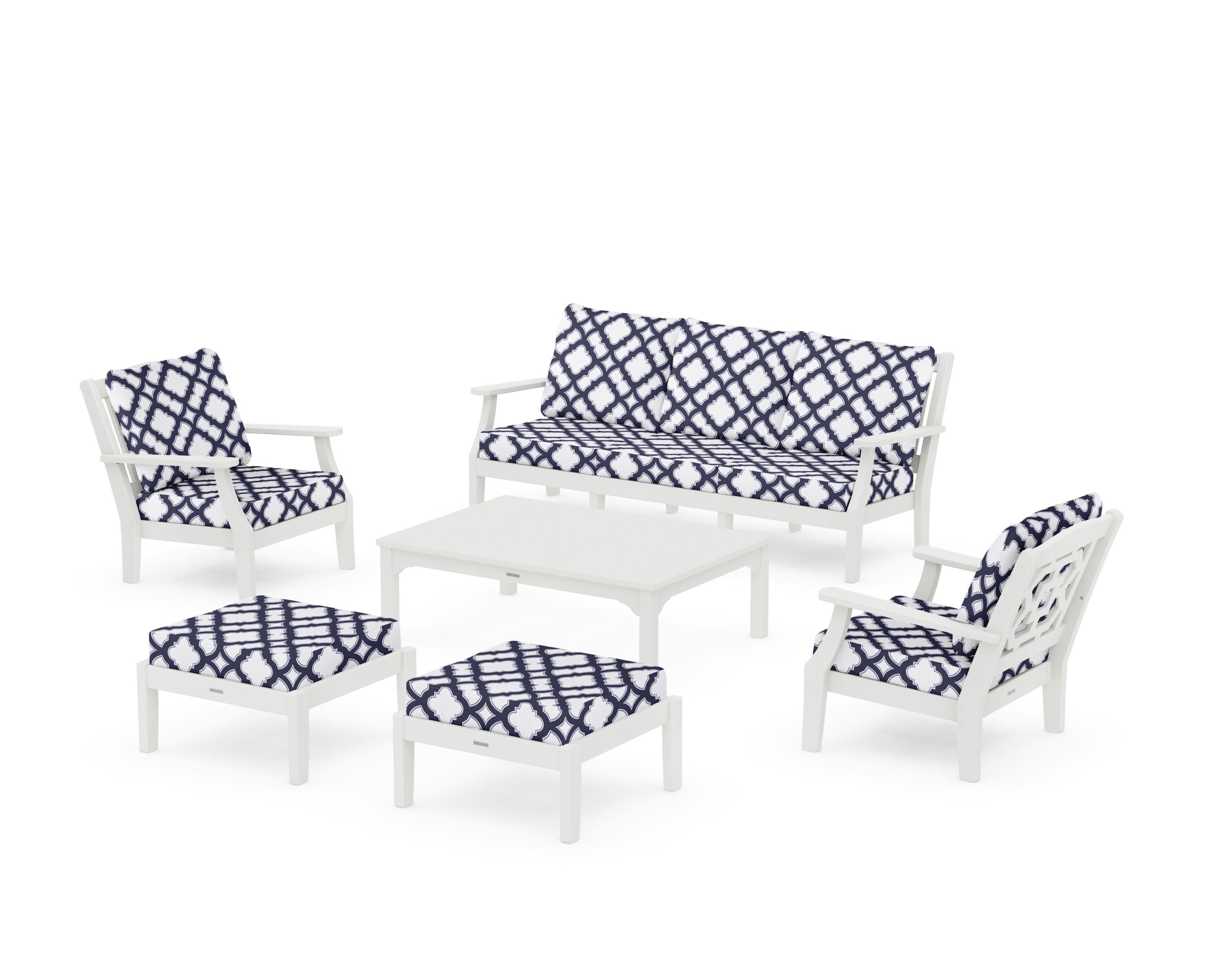 Chinoiserie 6-Piece Lounge Sofa Set in Vintage White / Trellis Navy