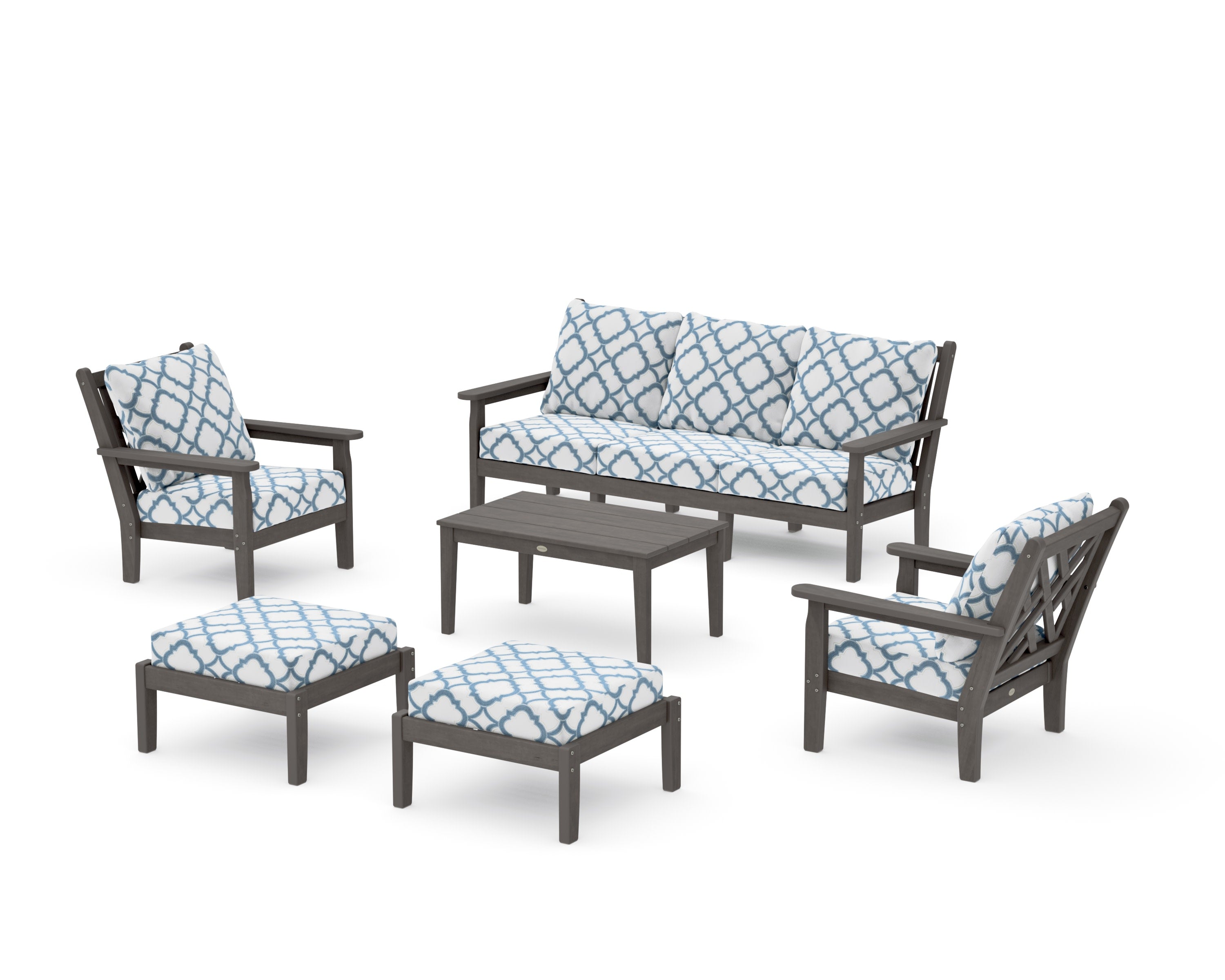 Chippendale 6-Piece Lounge Sofa Set in Driftwood / Trellis Sky Blue