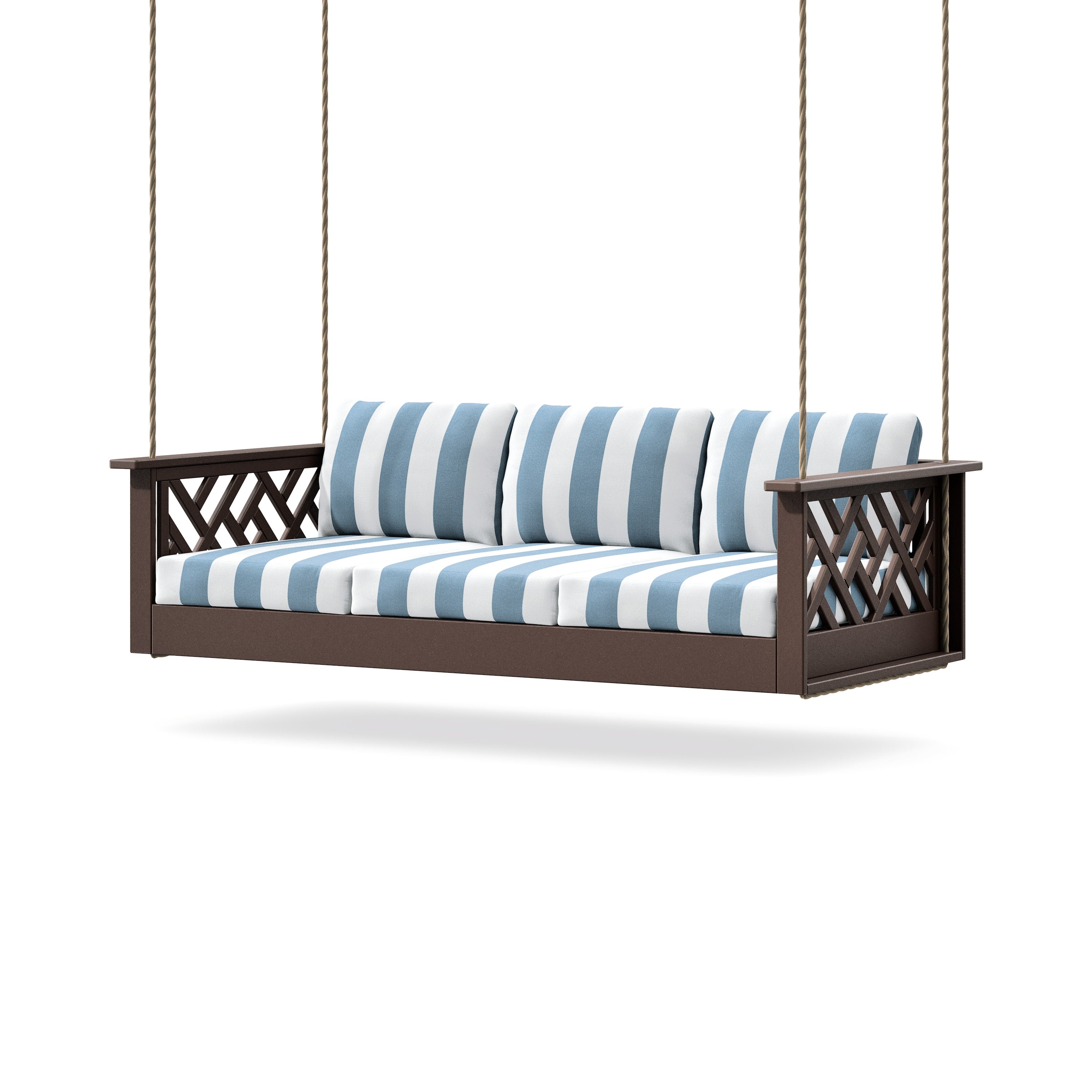 Chippendale Daybed Swing in Mahogany / Cabana Stripe Sky Blue