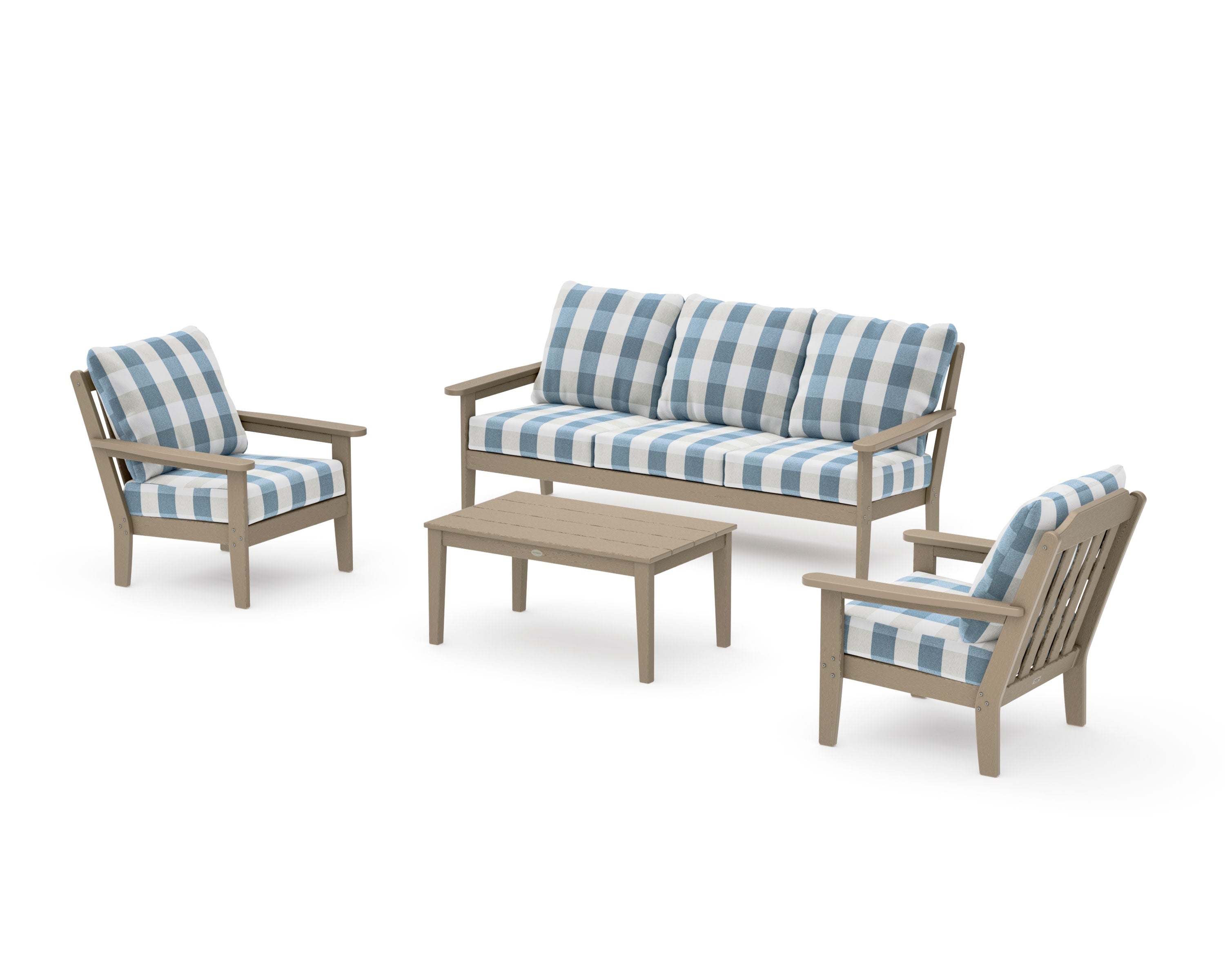 Cottage 4-Piece Deep Seating Set with Sofa in Vintage Sahara / Buffalo Plaid Sky Blue