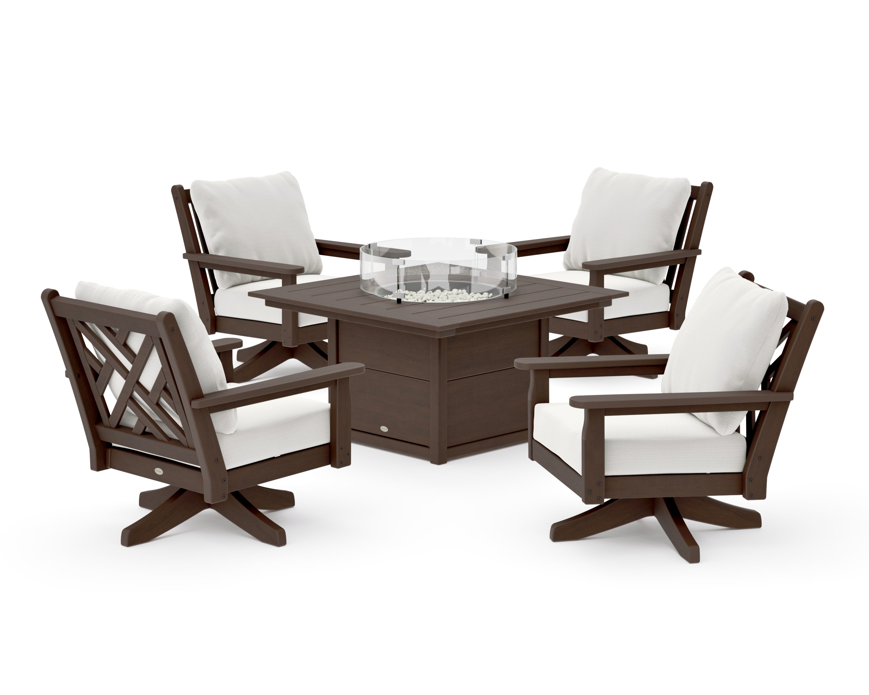Chippendale 5-Piece Deep Seating Swivel Conversation Set with Fire Pit Table in Kona / Natural Linen