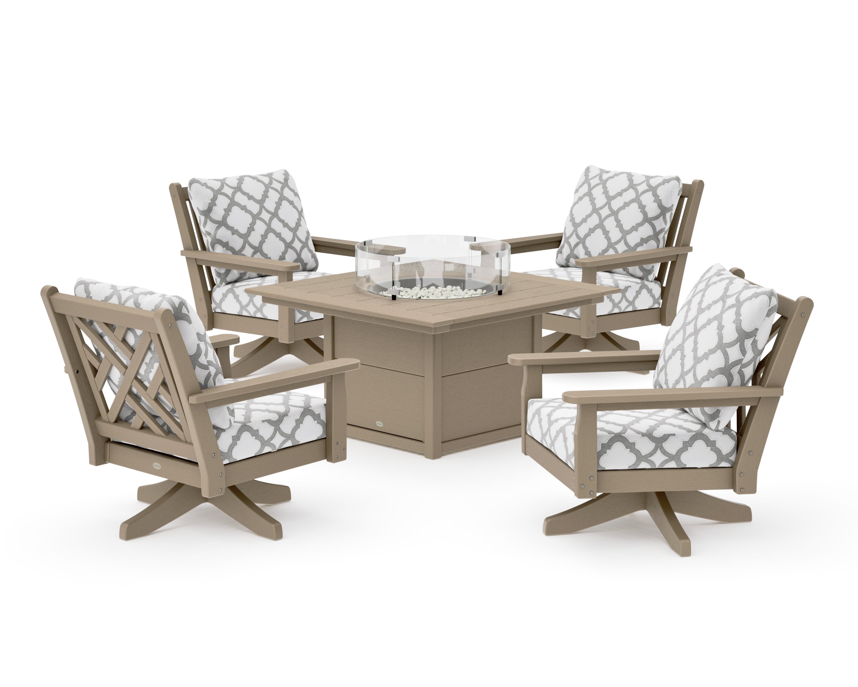 Chippendale 5-Piece Deep Seating Swivel Conversation Set with Fire Pit Table in Vintage Sahara / Trellis Grey Mist