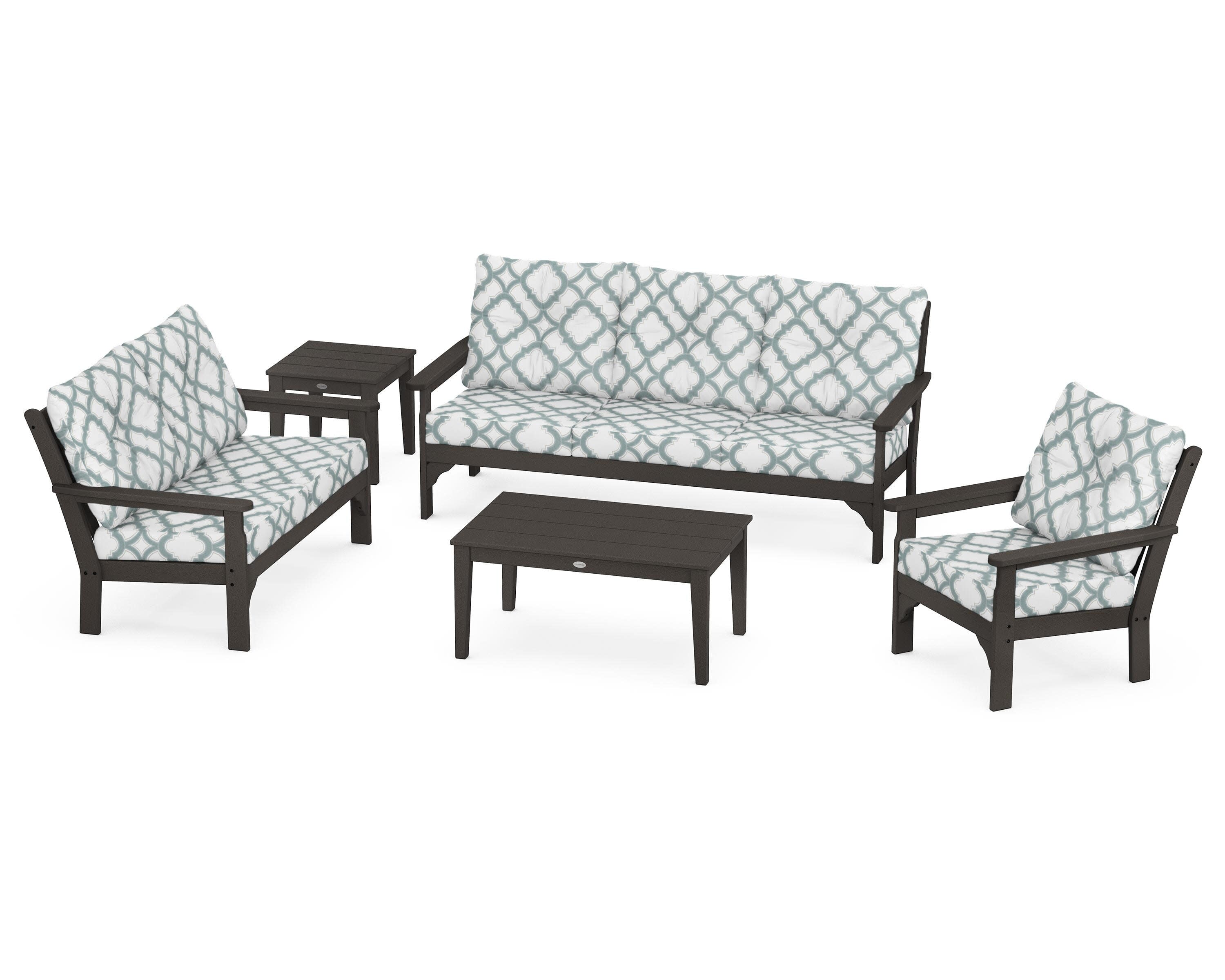 Vineyard 5 Piece Deep Seating Set in Vintage Coffee / Trellis Glacier Spa