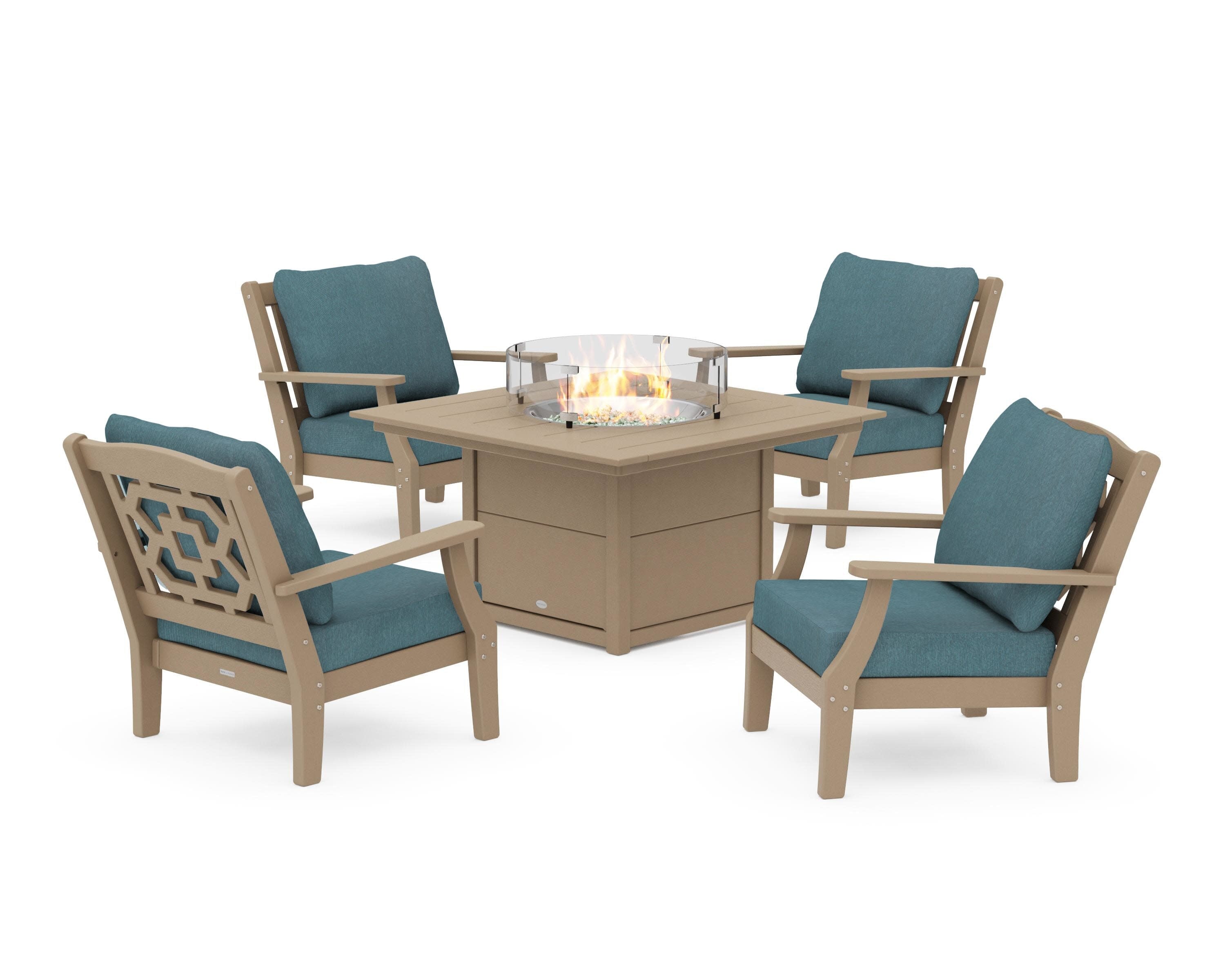 Chinoiserie 5-Piece Deep Seating Set with Fire Pit Table in Vintage Sahara / Ocean Teal
