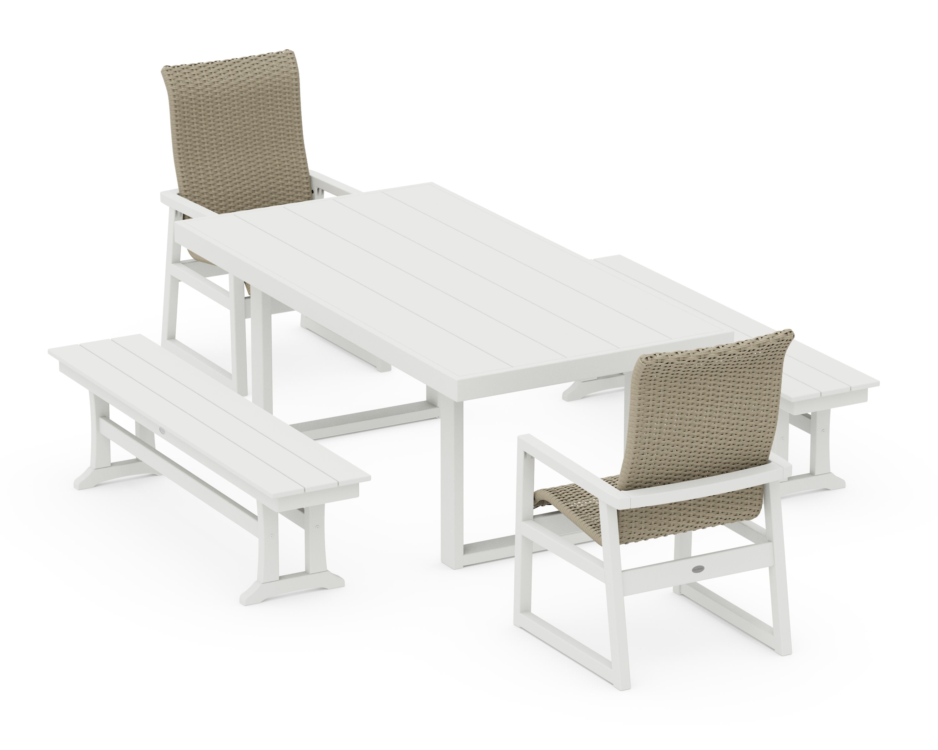 EDGE Woven Highback 5-Piece Dining Set with Benches in Vintage White / Dune Grass