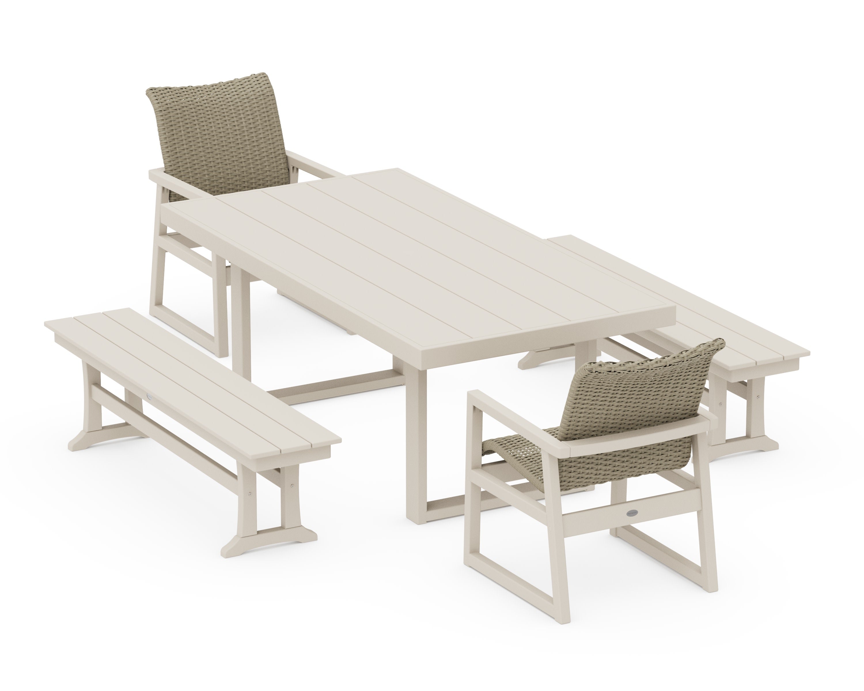 EDGE Woven 5-Piece Dining Set with Benches in Sand / Dune Grass
