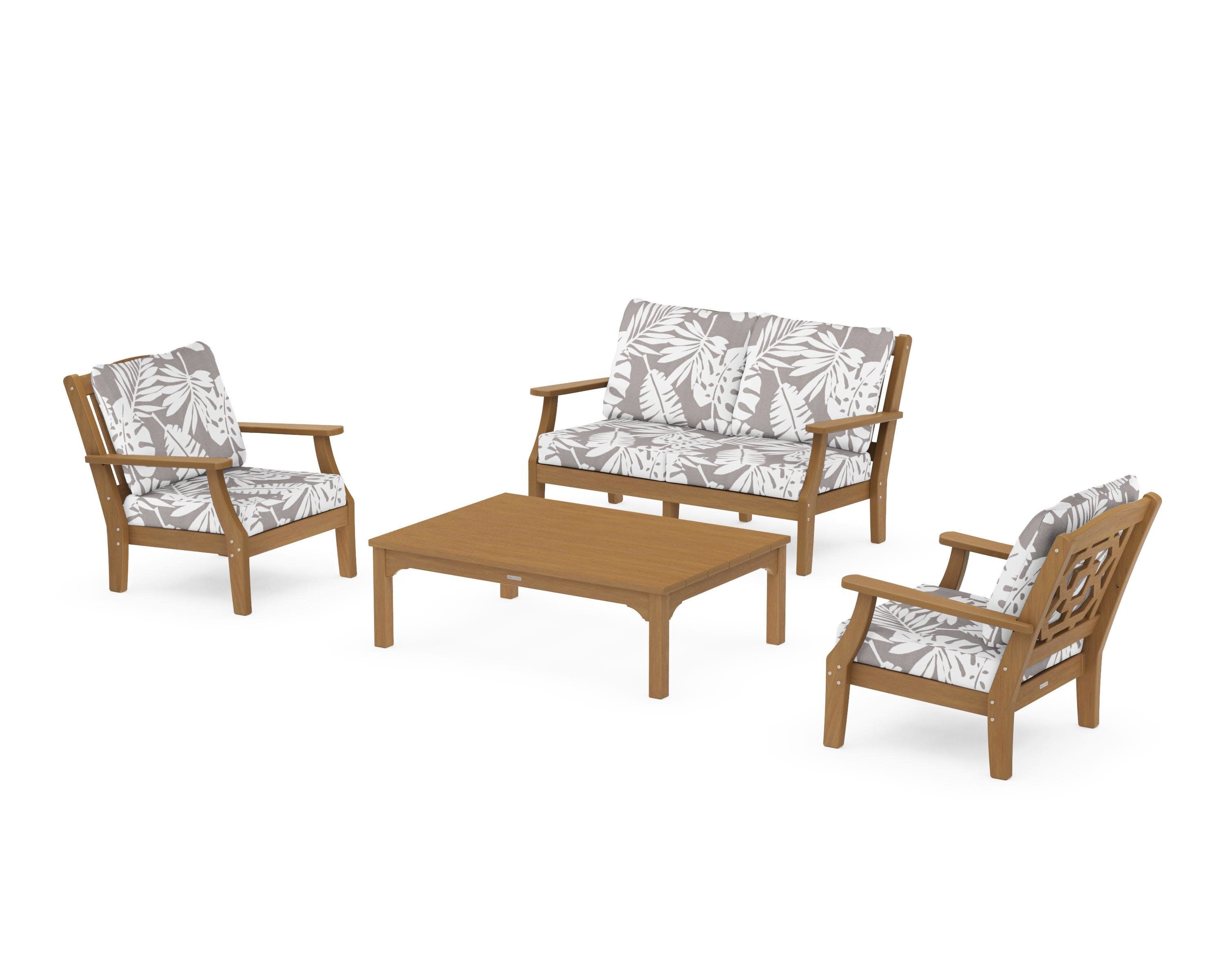 Chinoiserie 4-Piece Deep Seating Set with Loveseat in Natural / Leaf Grey Mist