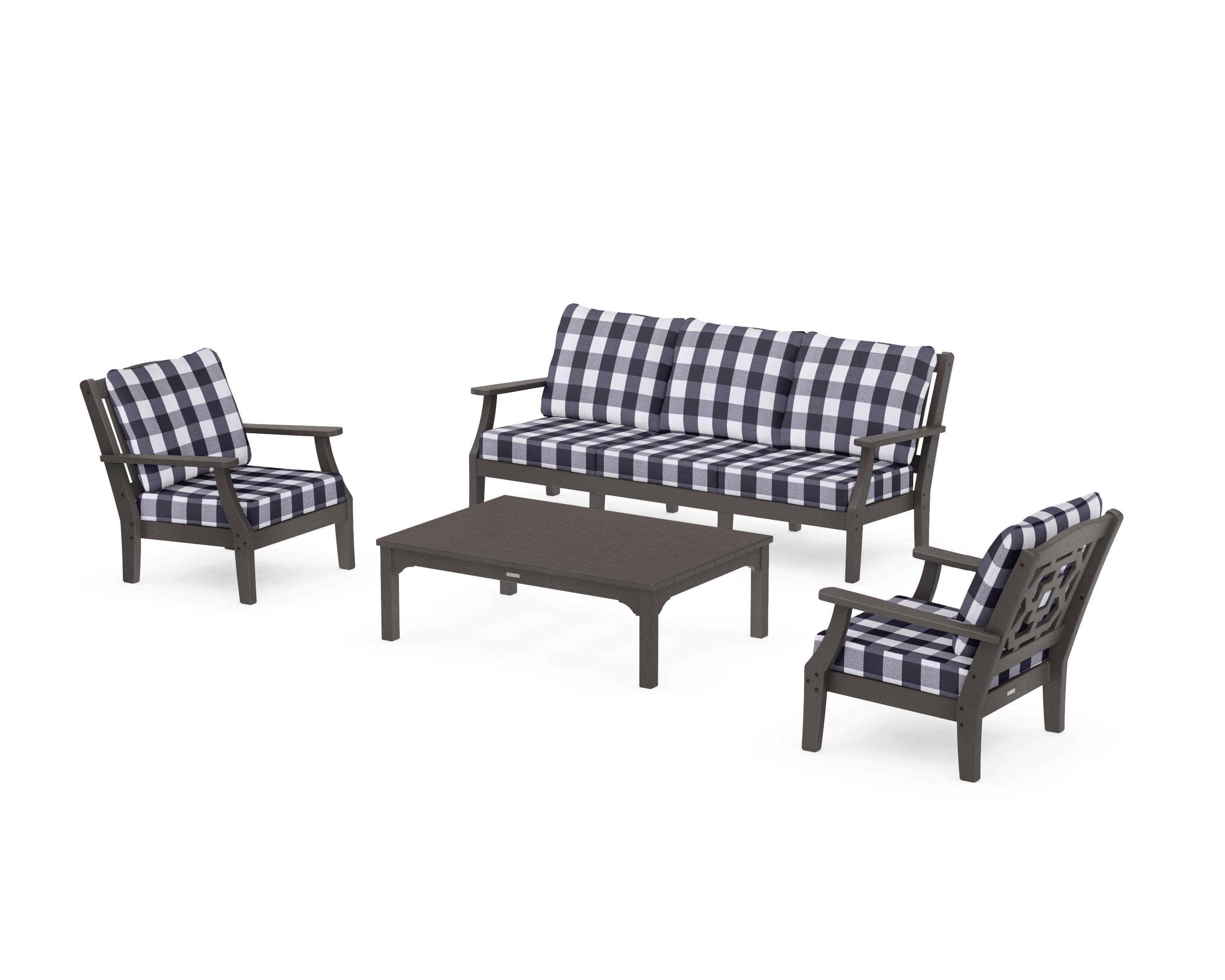 Chinoiserie 4-Piece Deep Seating Set with Sofa in Vintage Coffee / Buffalo Plaid Navy