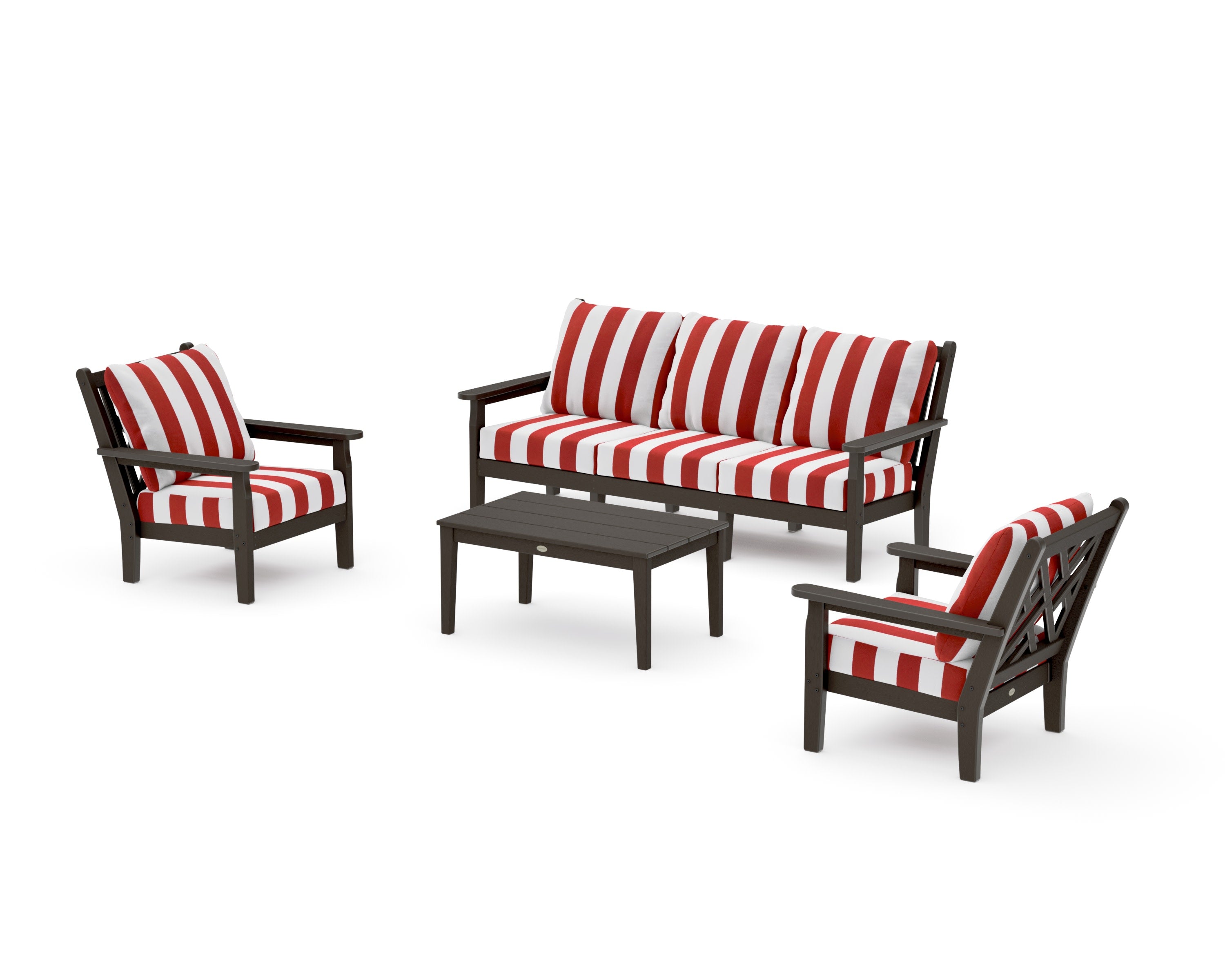 Chippendale 4-Piece Deep Seating Set with Sofa in Vintage Coffee / Cabana Stripe Crimson