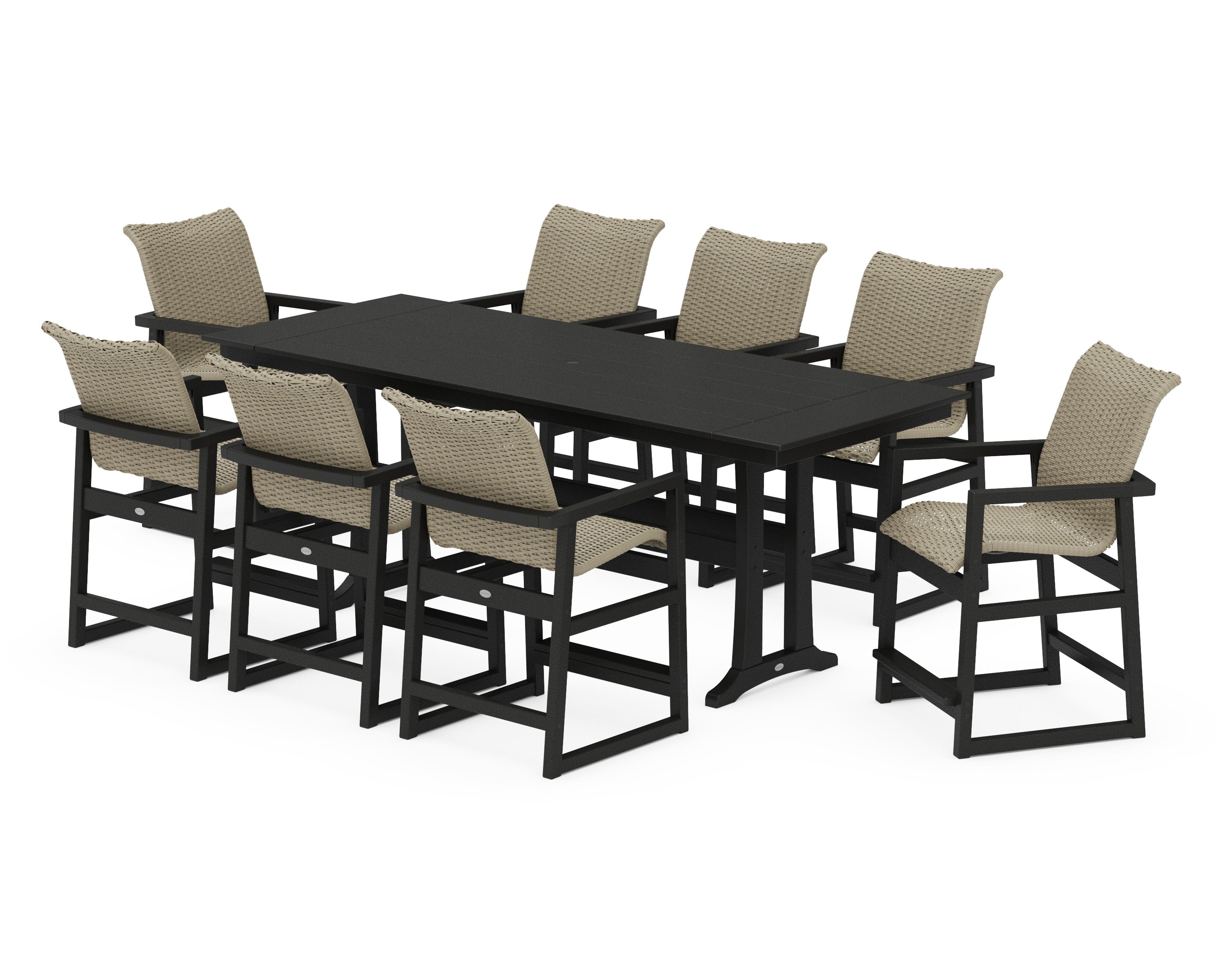EDGE Woven 9-Piece Farmhouse Counter Set with Trestle Legs in Black / Dune Grass