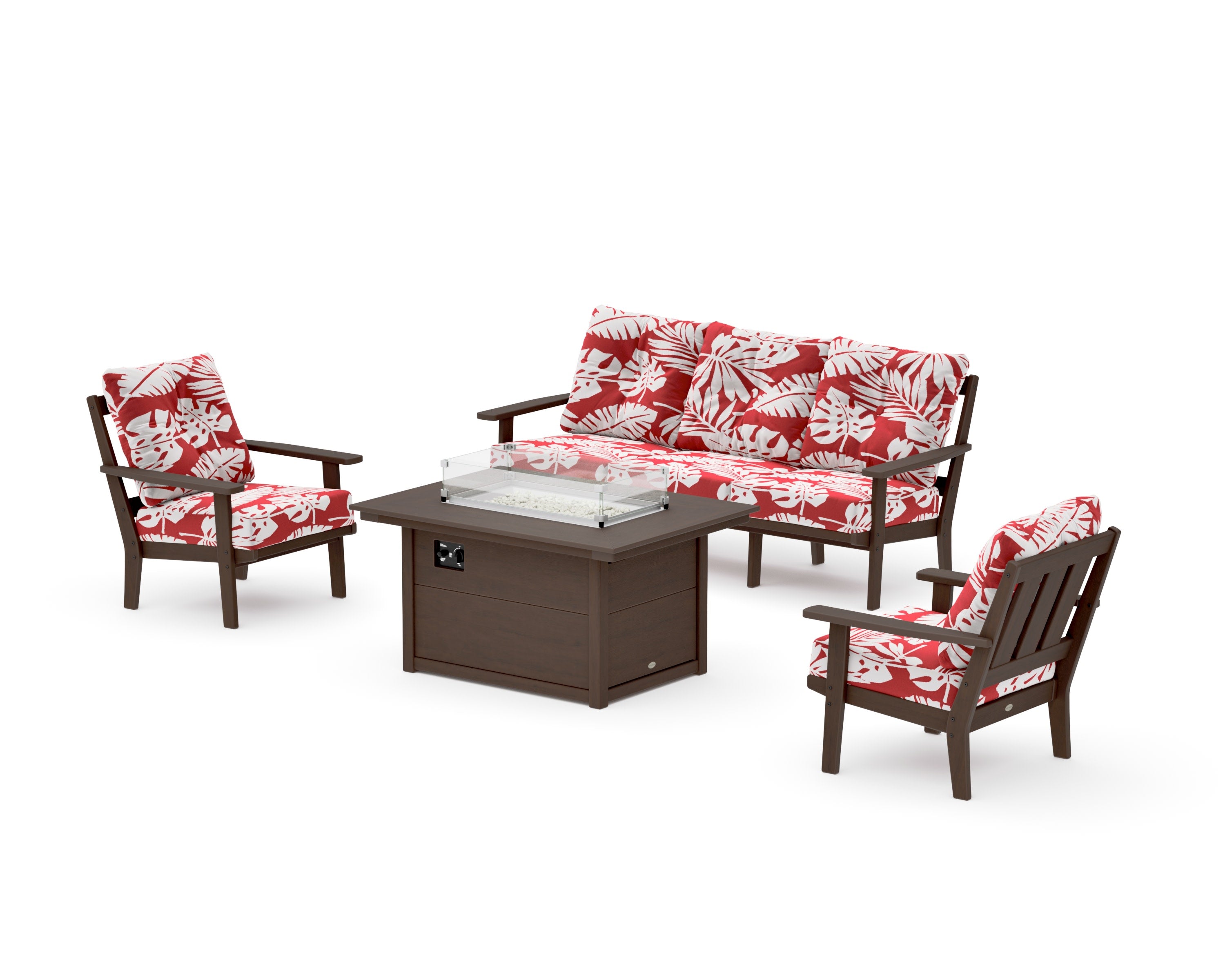 Oxford Deep Seating Fire Pit Table Set in Kona / Leaf Crimson