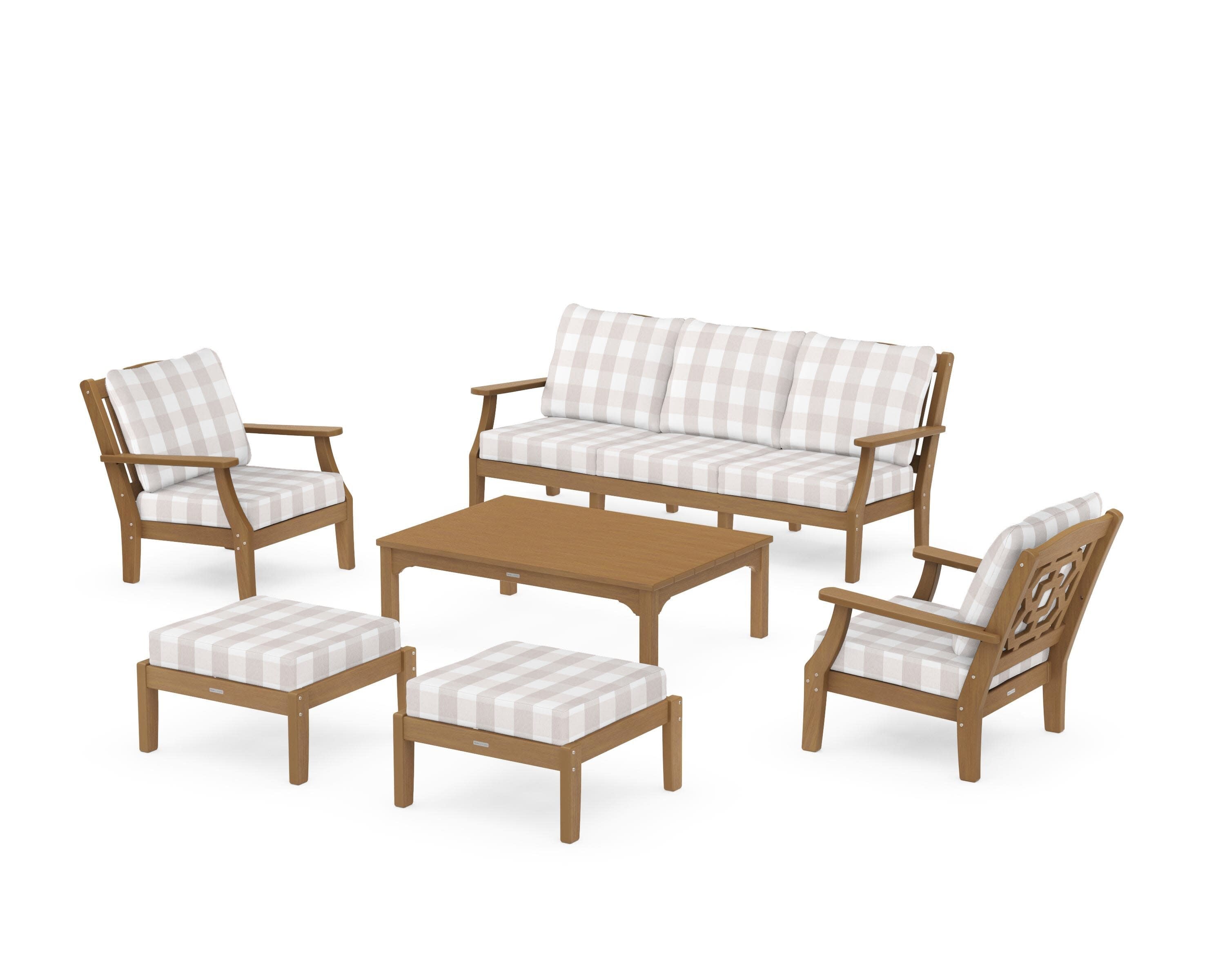 Chinoiserie 6-Piece Lounge Sofa Set in Natural / Buffalo Plaid Dune Burlap