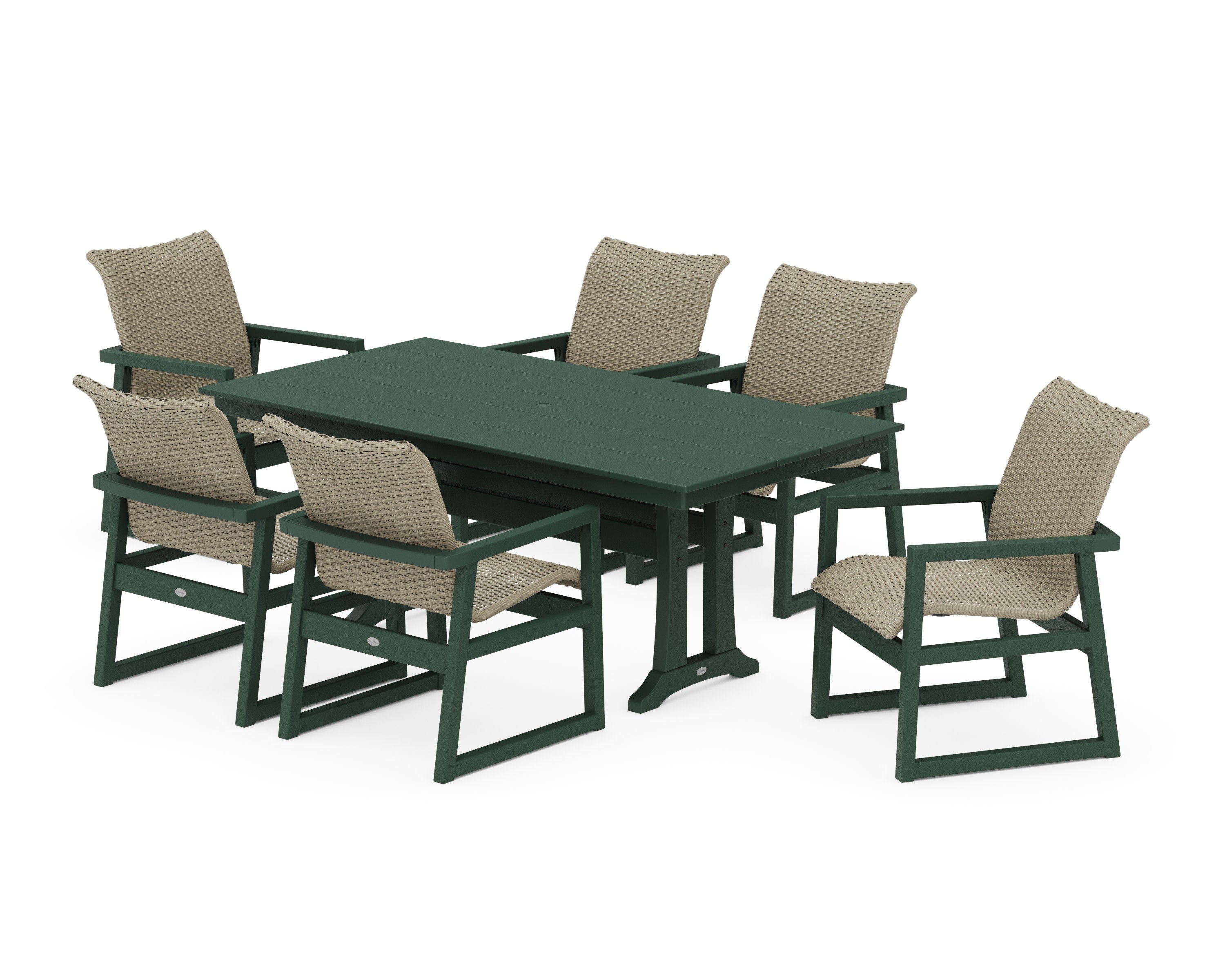 EDGE Woven Arm Chair 7-Piece Farmhouse Dining Set with Trestle Legs in Green / Dune Grass