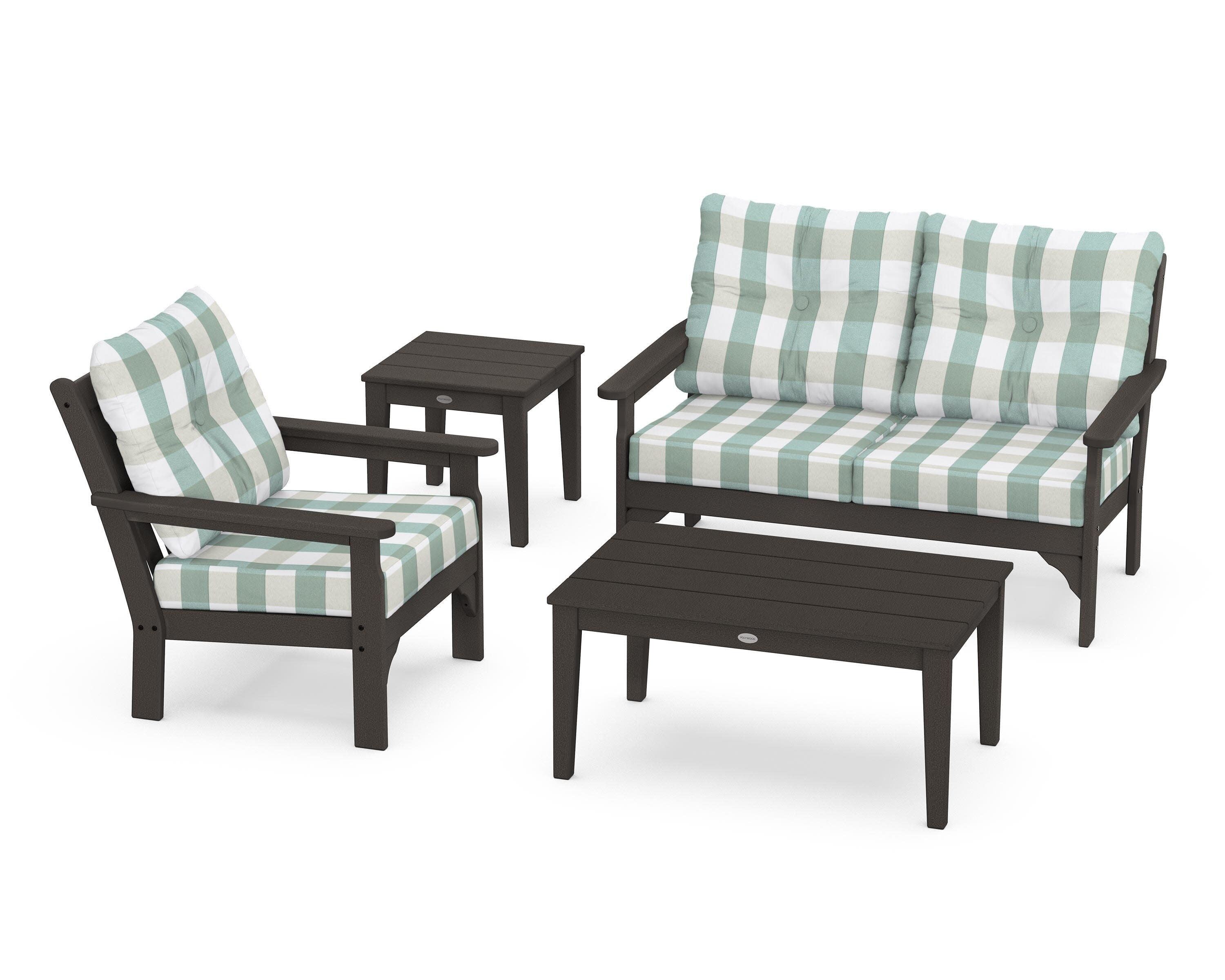 Vineyard 4-Piece Deep Seating Set in Vintage Coffee / Buffalo Plaid Glacier Spa
